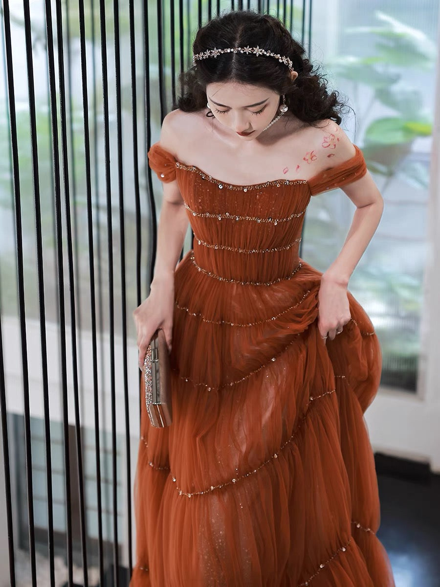 Elegant Off-the-Shoulder Rust Red A-Line Tulle Prom Dress for Homecoming, Birthday Party & Special Occasions - Style J3220 | Formal Evening Gown for Women & Teens