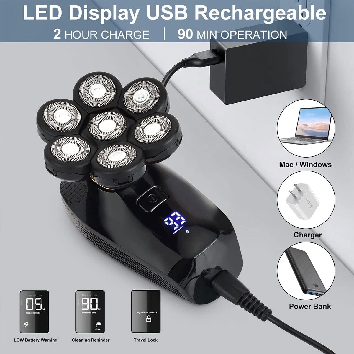 7D Rotary Electric Razor for Men - Rechargeable Wet/Dry Shaver with LED Display, Waterproof & Washable - Perfect for Travel, Home & Gym Use
