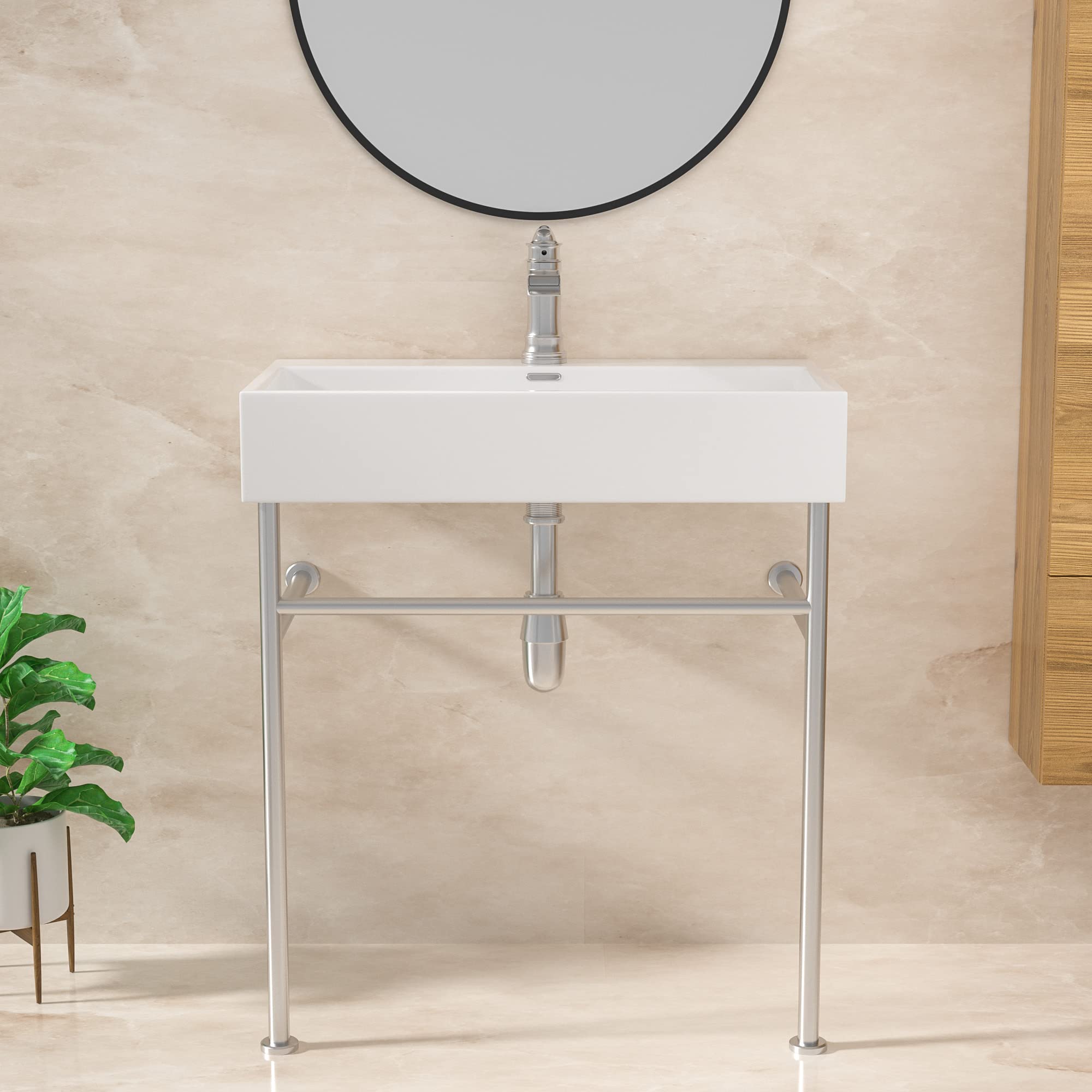 Lordear 30 Inch White Ceramic Freestanding Bathroom Sink with Pedestal Legs & Overflow - Modern Console Vanity Sink for Bathroom Remodeling & Powder Room Upgrade