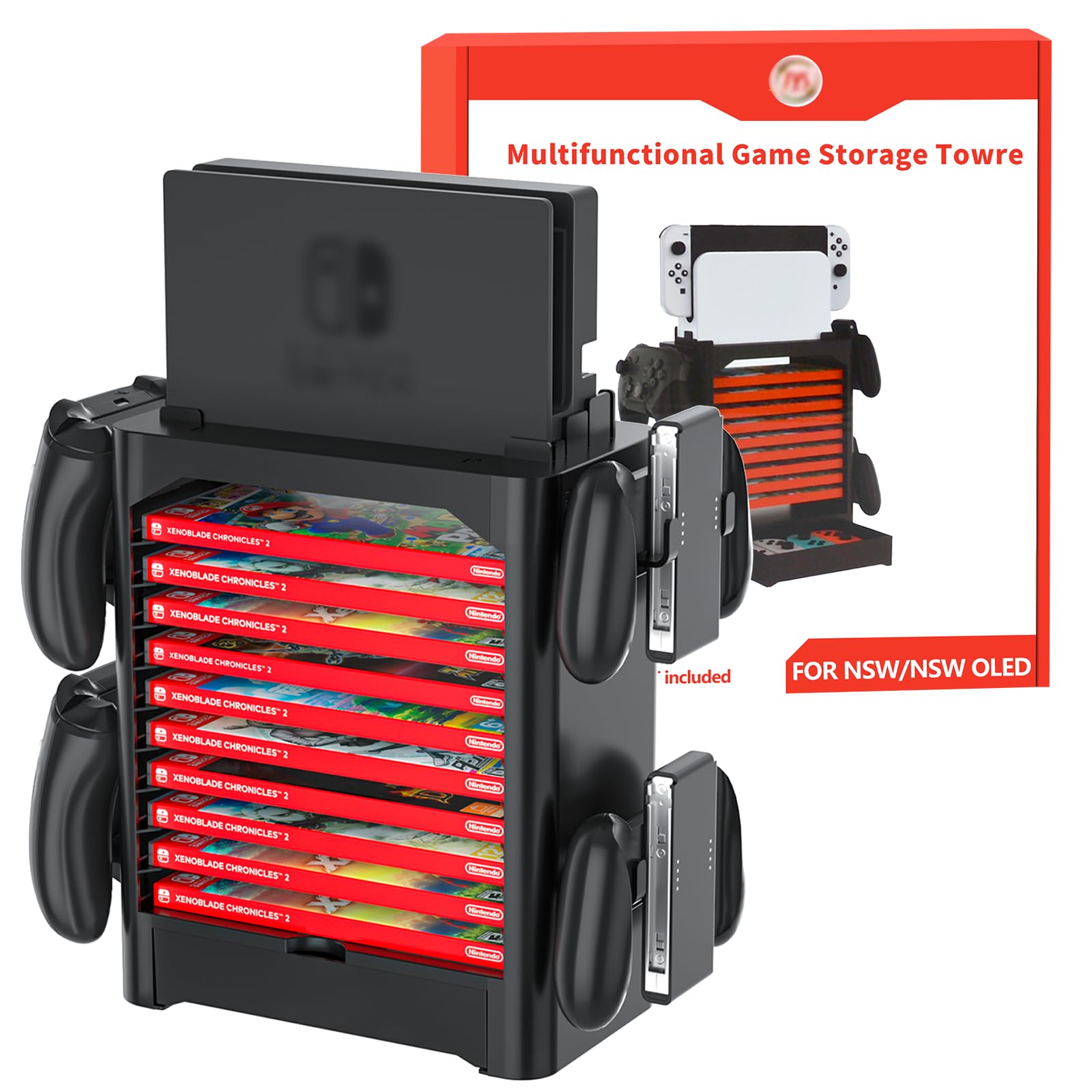 Premium Nintendo Switch/OLED Game Storage Tower - 10 Game Case Holder, 4 Controller Stand & Joy-Con Drawer | Compact Organizer for Switch Accessories | Perfect for Gaming Setup & Travel Storage