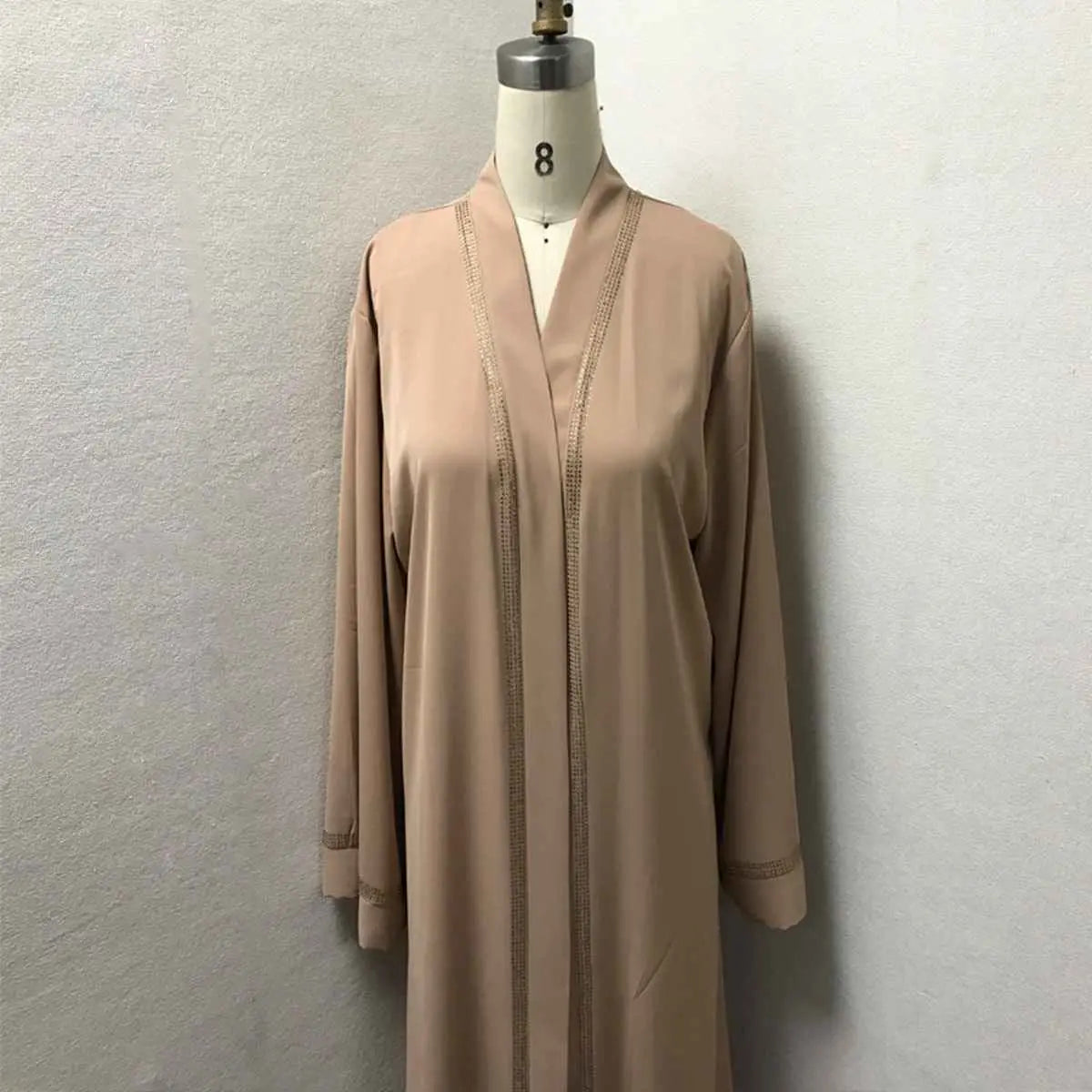 Hotfix Rhinestone Trim Muslim Women's Cardigan Open Abaya Dress - Elegant Islamic Fashion for Prayer, Wedding & Special Occasions