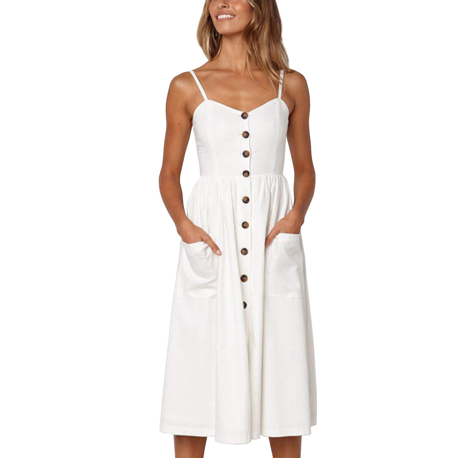 Inshine Women's Bohemian Spaghetti Strap Button Down Sundress with Pockets - Flowy Swing Midi Dress for Summer Size F-XXXL | Beach Cover Up, Vacation Dress, Casual Day Outfit