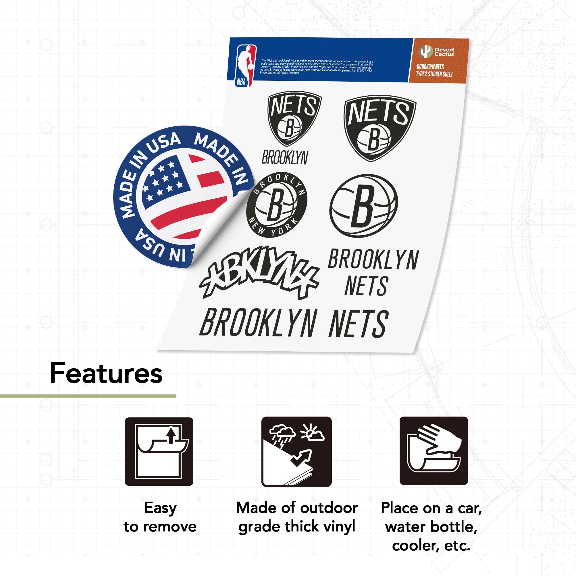 Official Brooklyn Nets NBA Vinyl Sticker Decal - Waterproof for Laptop, Water Bottle, Car & Scrapbook (Set of 2 Sheets) - Perfect for Fans, DIY Projects & Sports Decor