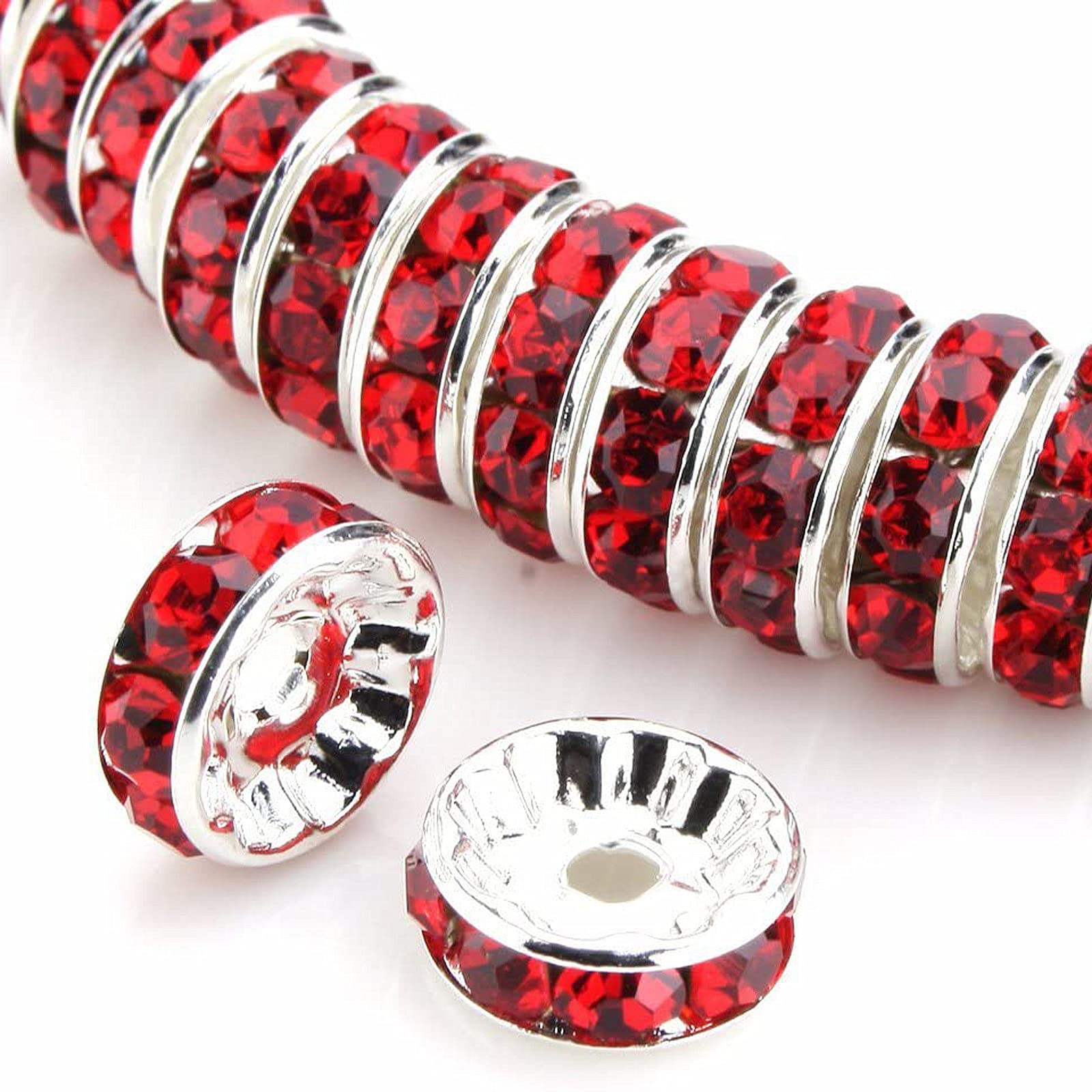 100Pcs Silver Plated Czech Rhinestone Rondelle Spacer Beads - 6mm Light Siam Red Loose Beads for Jewelry Making, DIY Bracelets & Necklaces - Perfect for Crafting, Scrapbooking & Gift Projects