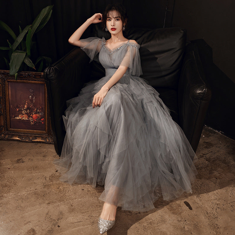 Elegant Gray Tulle Long Prom Dress - A-Line Evening Formal Gown 302 for Homecoming, Wedding & Special Occasions