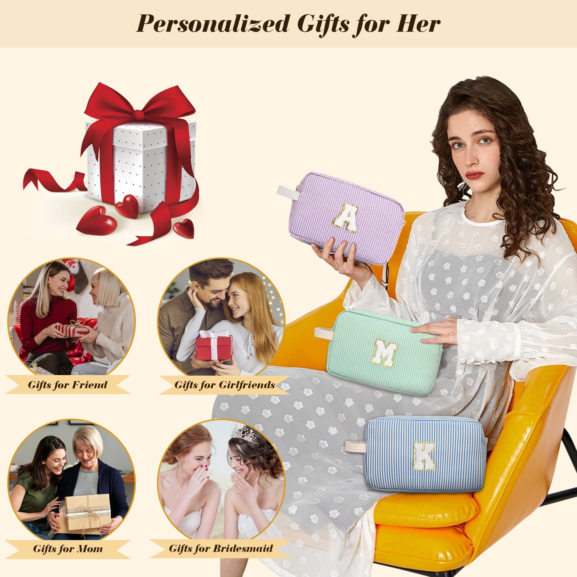 Personalized Initial Makeup Bag Set for Women & Teens - Cute Cosmetic Travel Pouch with Handle & Makeup Brush Organizer (Green & White Stripes) | Perfect Gift for Birthdays, Travel, and Daily Skincare Routine