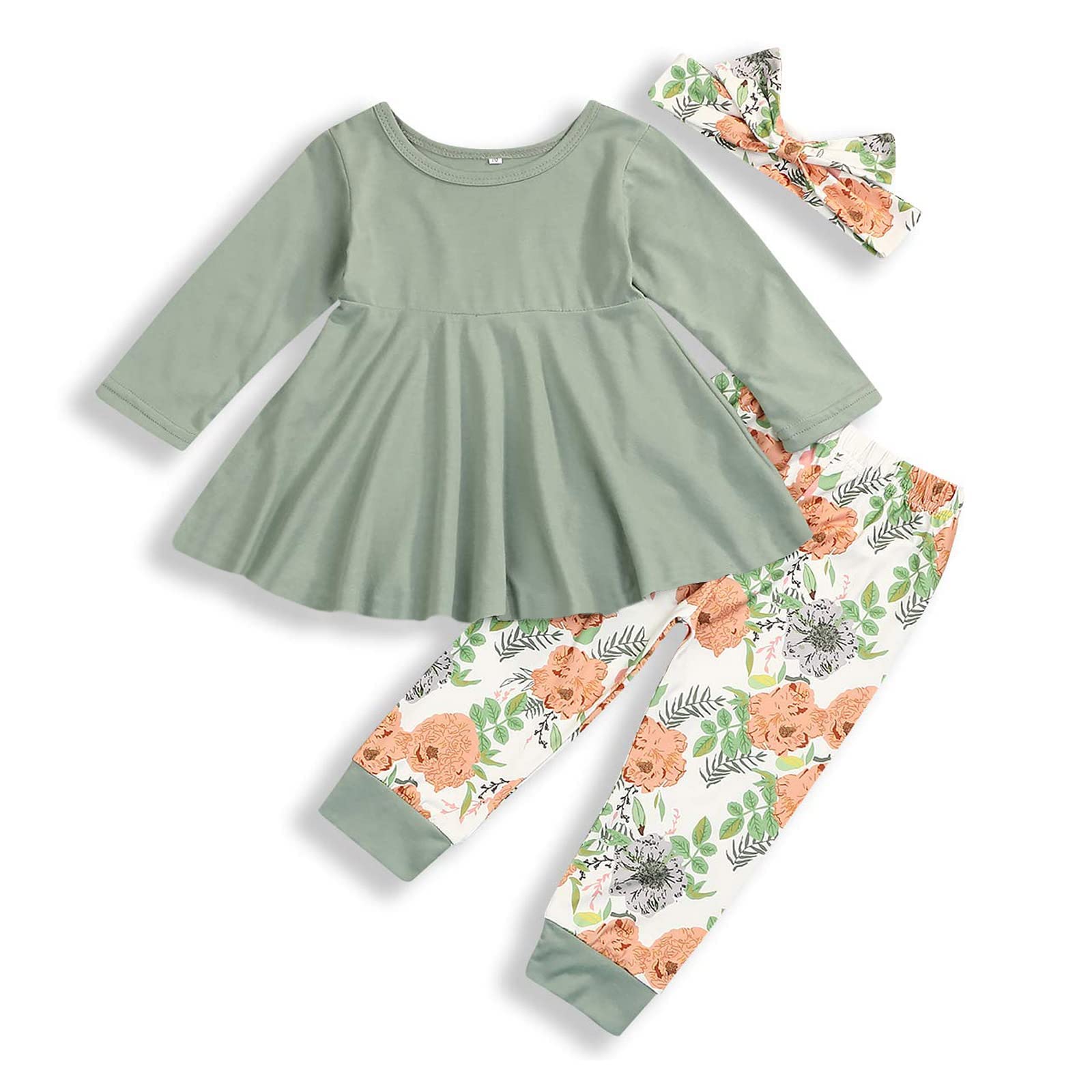 Toddler Baby Girl Outfit Set - Solid Color Ruffle Top & Floral Pants with Cute Headband | Casual Playtime & Photo Shoot Clothes