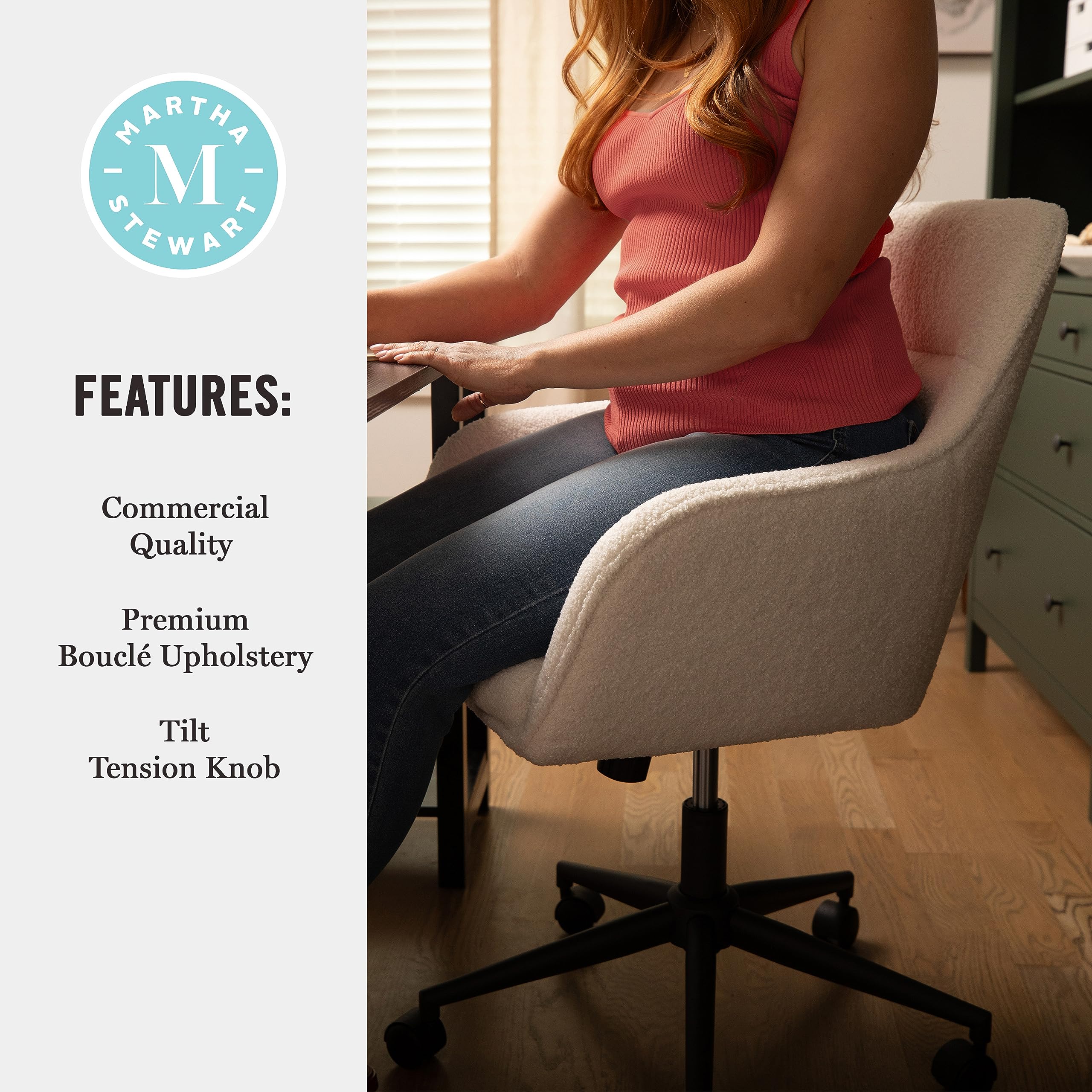 Martha Stewart Rayna Swivel Task Chair with Flared Arms - White Boucle Fabric & Oil Rubbed Bronze Frame - Ergonomic Home Office Chair for Comfortable Working & Studying