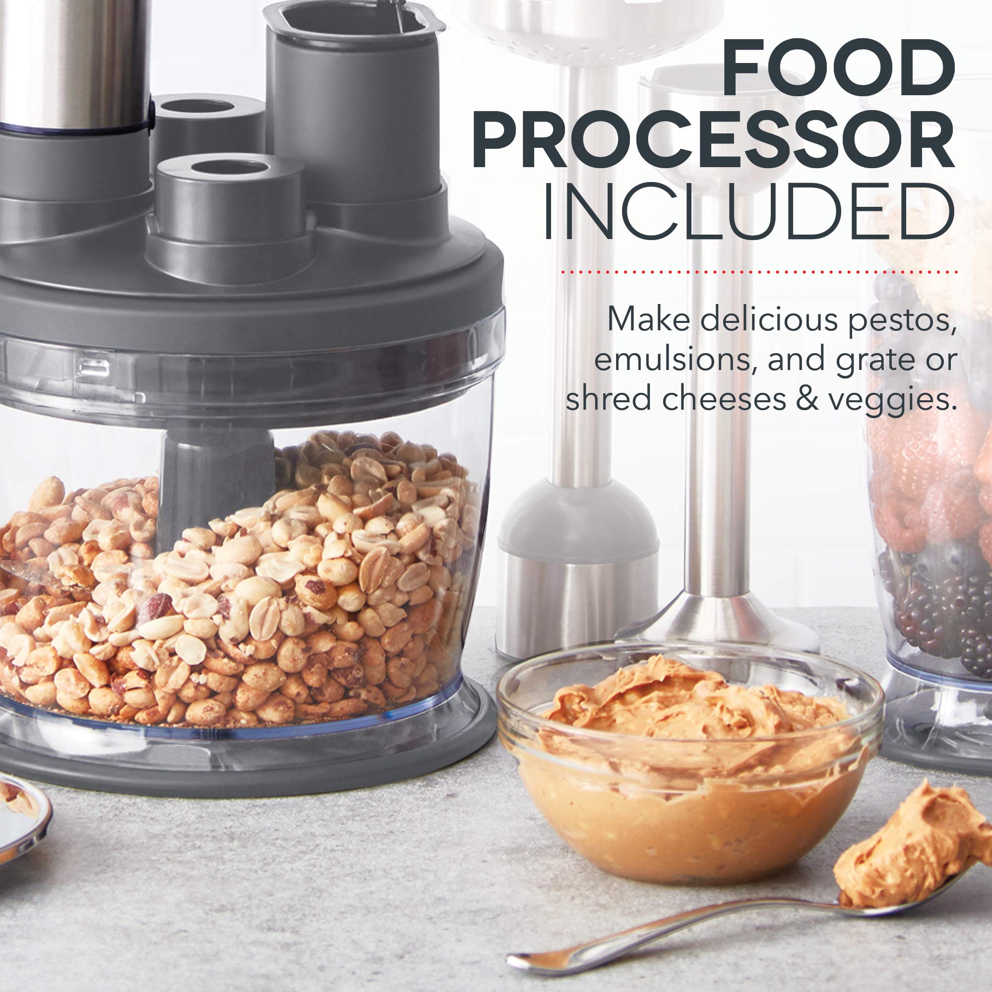 Dash Chef Series Deluxe 5-Speed Immersion Hand Blender with Stainless Steel Blades - Includes Dough Hooks, Food Processor, Grater, Masher, Slicer & Whisk Attachments + Recipe Guide - Perfect for Smoothies, Soups, Baby Food & Baking (Midnight)