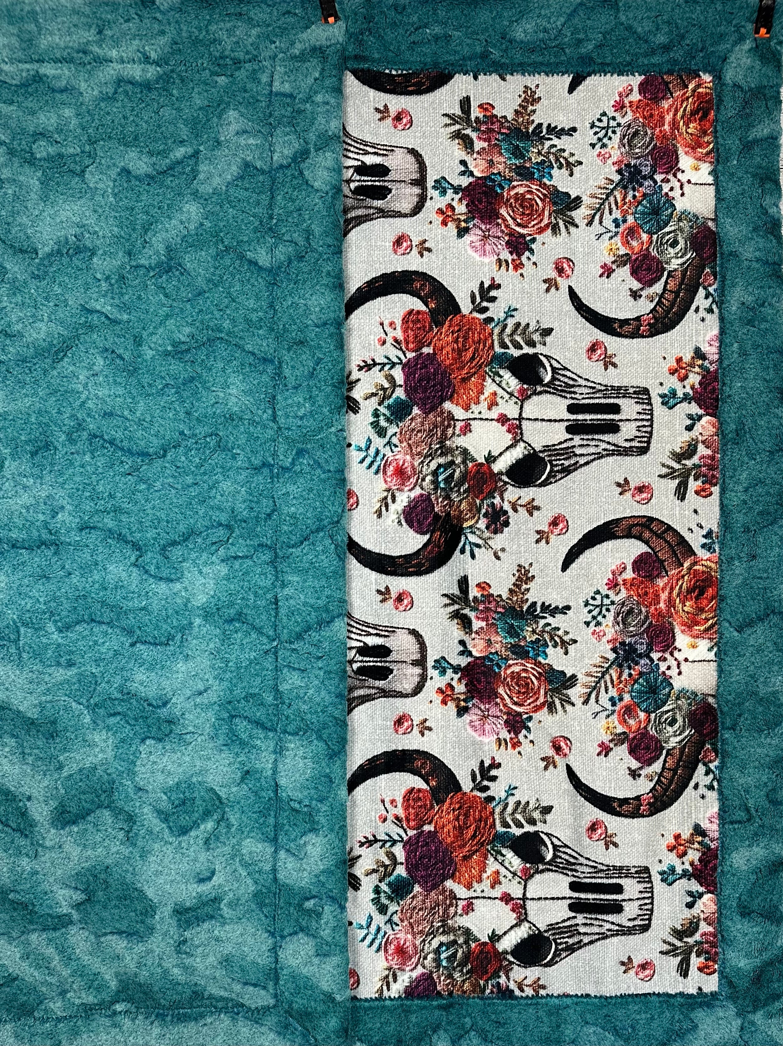 Western Floral Skull Embroidery Print Minky Blanket 55x79 Inches - Soft Luxe Lagoon Blue Throw Blanket for Couch, Bed, Sofa, Gift & Home Decor