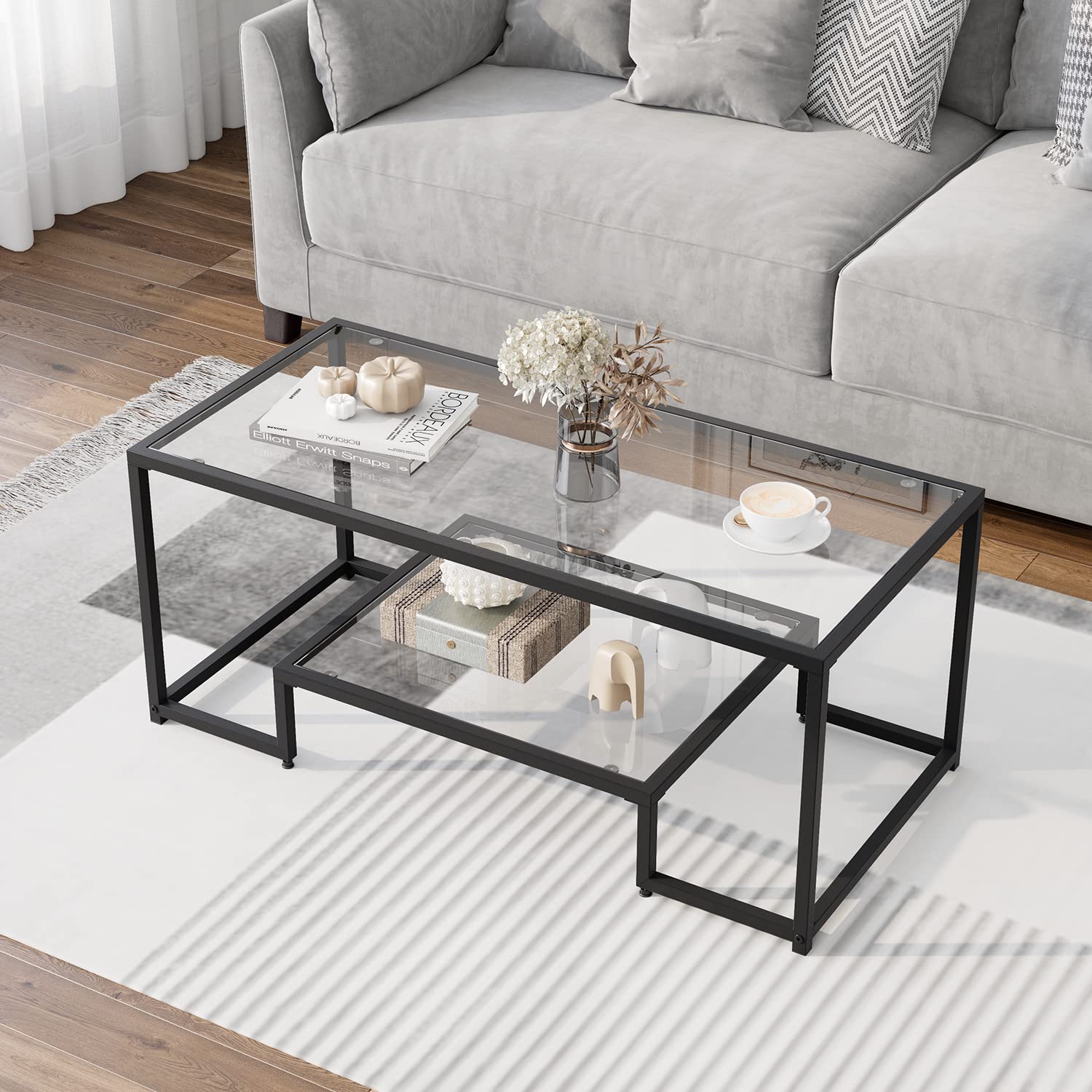 NAFORT 45 Inch Gold Rectangular Tempered Glass Coffee Table with Lower Storage Shelf - Modern Living Room Center Table for Home Decor (Black) | Perfect for Small Spaces, Apartments & Contemporary Interiors