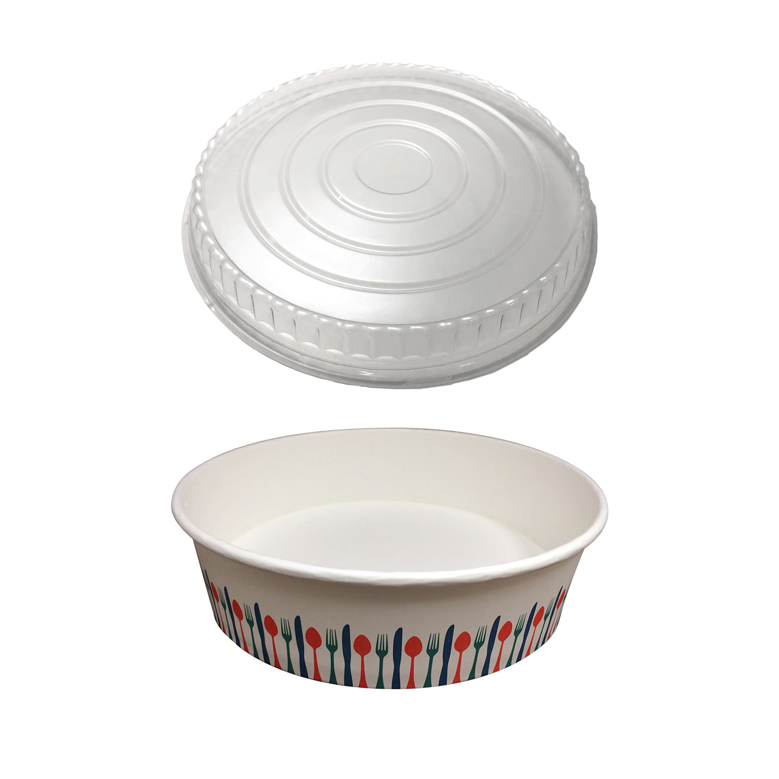 EcoPax 32oz Athena Paper Bowls with Plastic Lids - 6.4 Inch Diameter, Multi-Color Stock Print, OPS Clear (360 Pack) - Perfect for Parties, Catering, and Takeout Meals