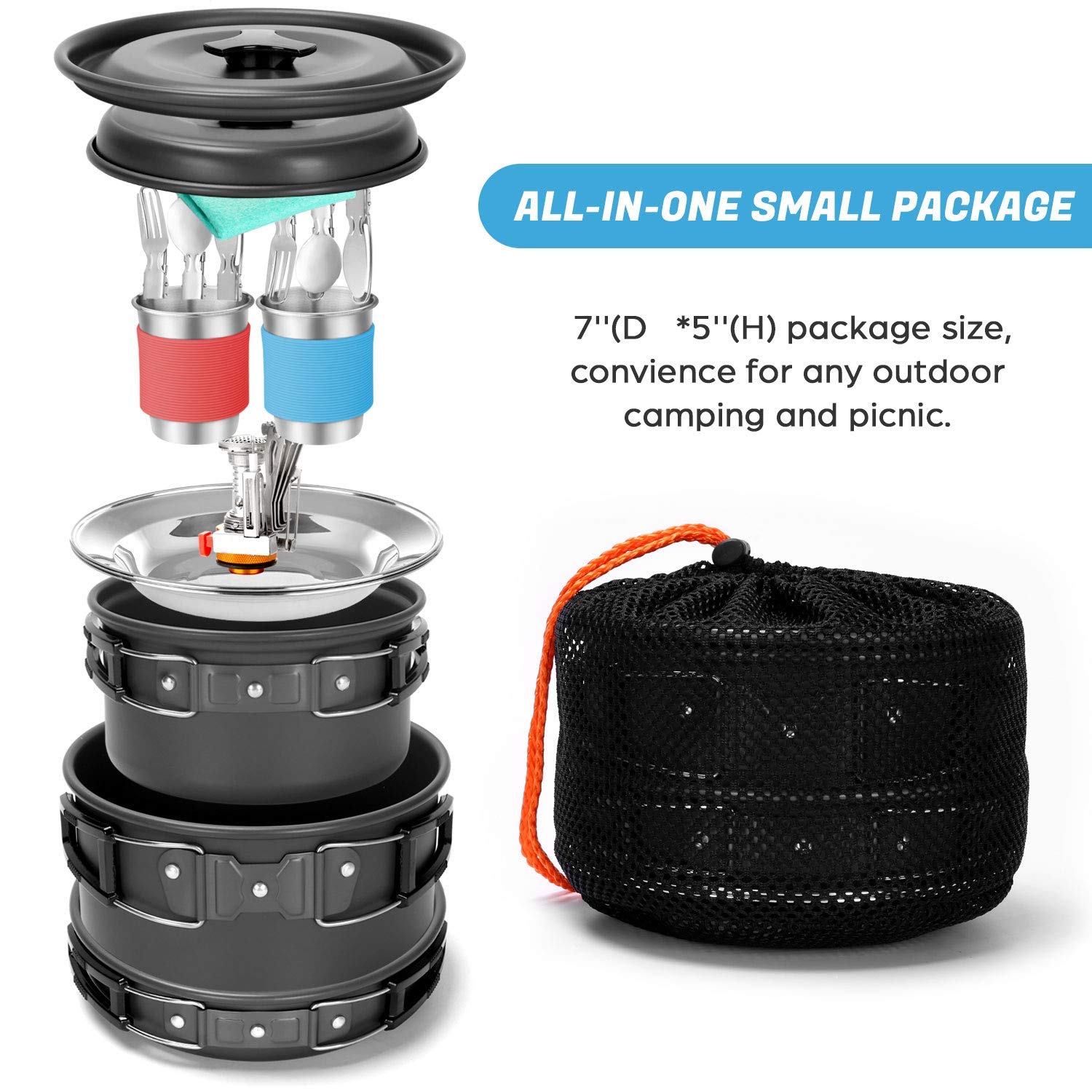 Odoland 16-Piece Camping Cookware Set with Folding Stove & 8-Piece Utensils - Lightweight Backpacking Gear for Outdoor Adventures, Hiking & Travel | Perfect for Camping, Picnics & Emergency Preparedness