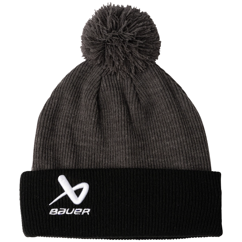 Bauer 2 Tone Knit Pom Beanie Hat - Black/Grey Winter Warm Hat for Men & Women - Perfect for Skiing, Snowboarding & Outdoor Activities