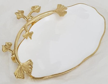 14.5x10.5x2 Inch Gold and White Leaf Oval Plate - Elegant Serving Dish for Dinner Parties, Weddings, and Home Decor