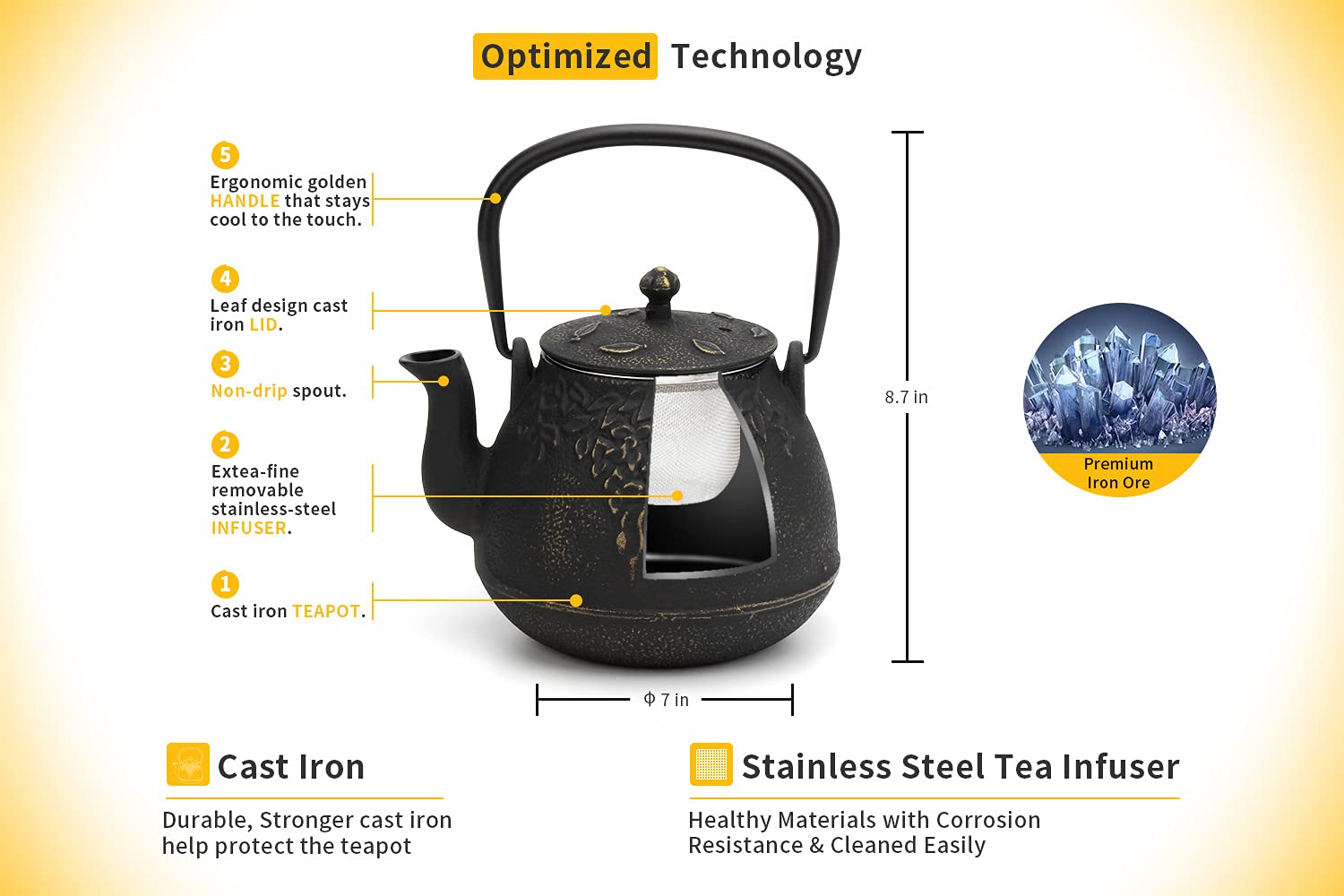 Premium Japanese Cast Iron Tea Kettle - 40oz (1200ml) Stovetop Safe Teapot with Removable Infuser for Loose Leaf Tea, Black - Perfect for Home Brewing, Tea Ceremonies & Cozy Afternoons