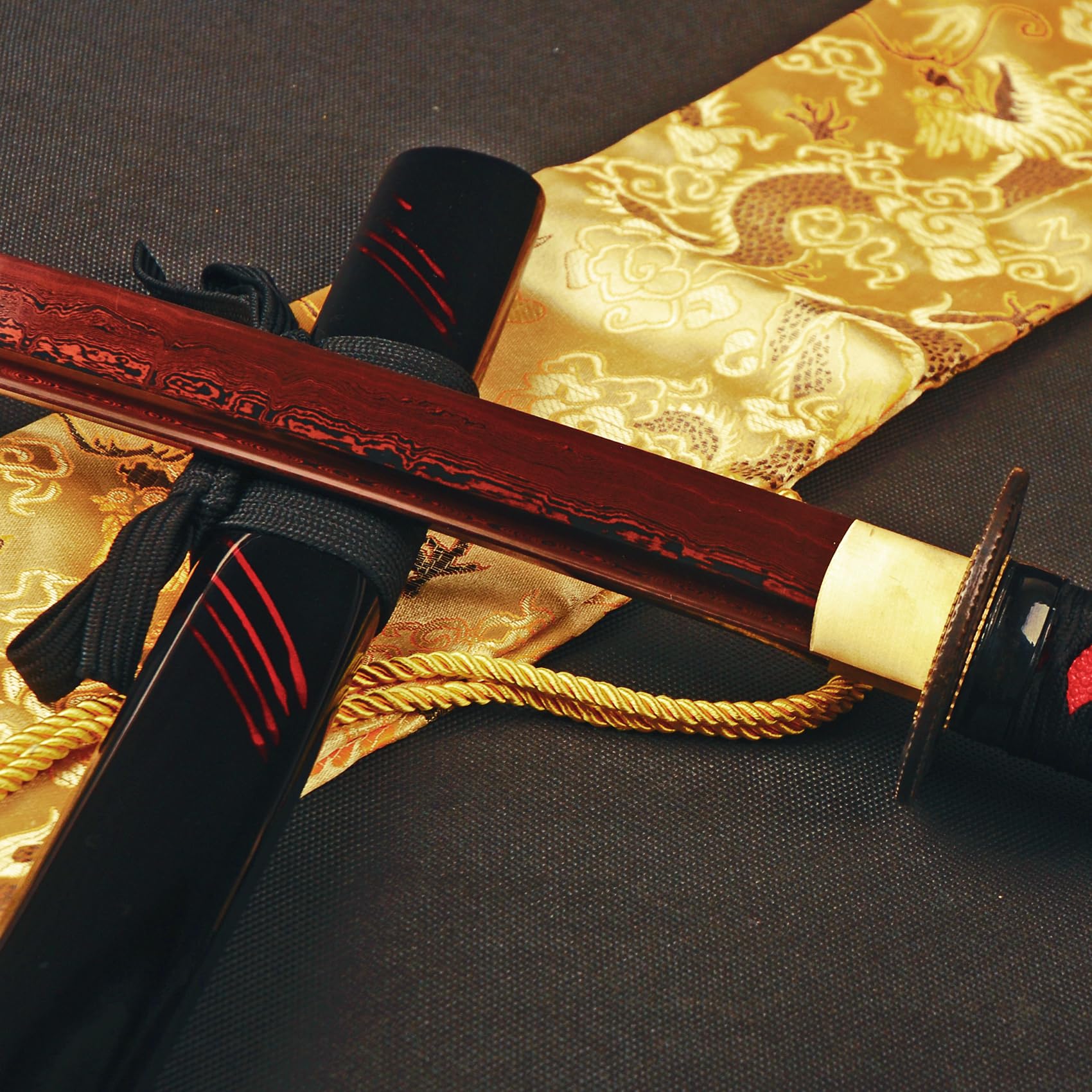 Premium Blood Red Damascus Steel Japanese Samurai Katana Sword with Dragon Tsuba - Handcrafted Folded Steel Blade for Martial Arts Training, Cosplay & Collectors