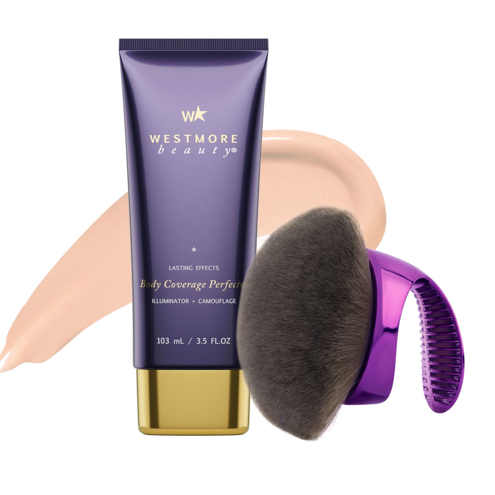 Westmore Beauty Body Coverage Perfector & Blur Brush - Waterproof Leg & Body Makeup for Tattoo Cover - 7oz Warm Radiance - Full Body Kabuki Brush for Flawless Skin - Perfect for Weddings, Photos & Everyday Wear