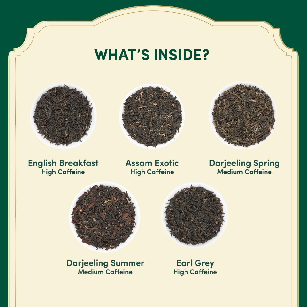 VAHDAM Premium Assorted Black Tea Sampler Gift Set - 5 Flavors, 20 Pyramid Tea Bags | Gluten Free, Non-GMO, Long Leaf Black Tea Variety Pack | Perfect Tea Gift for Women & Men | Ideal for Office, Home Relaxation & Afternoon Tea Parties