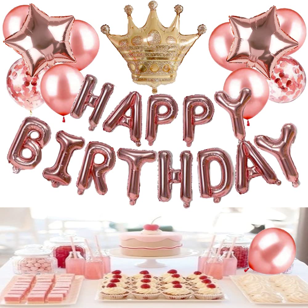 25-Piece Rose Gold Happy Birthday Party Decorations Set - Prince & Princess Crown, Banner, Star Aluminum Balloons, Confetti & Sequin Latex Balloons for Birthday Parties, Baby Showers & Special Events