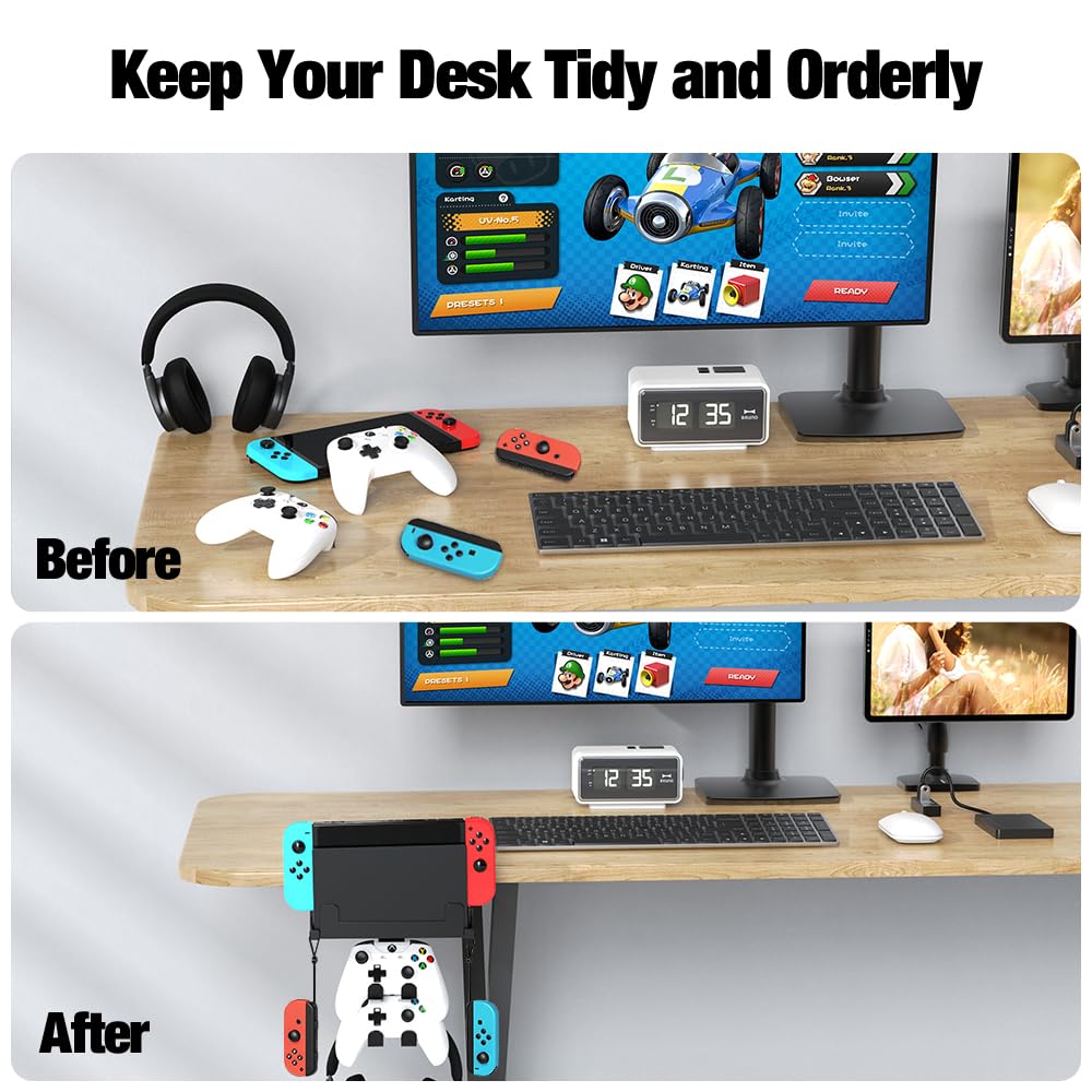 4 in 1 Under Desk Clamp Mount for Nintendo Switch/OLED - 360° Rotatable Headphone Hanger & Controller Holder - Compatible with PS4, PS5, Xbox, PC - Perfect for Gaming Setup & Workspace Organization
