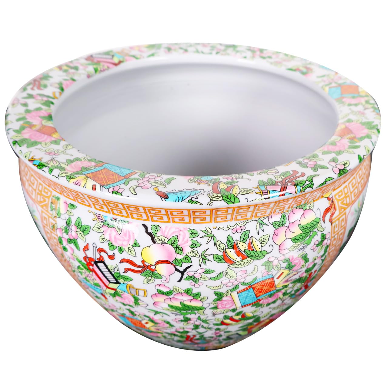 10 Inch Floral Asian Design Cachepot Planter with Rose Medallion Painting - Elegant Flower Pot for Home Decor, Garden, and Office