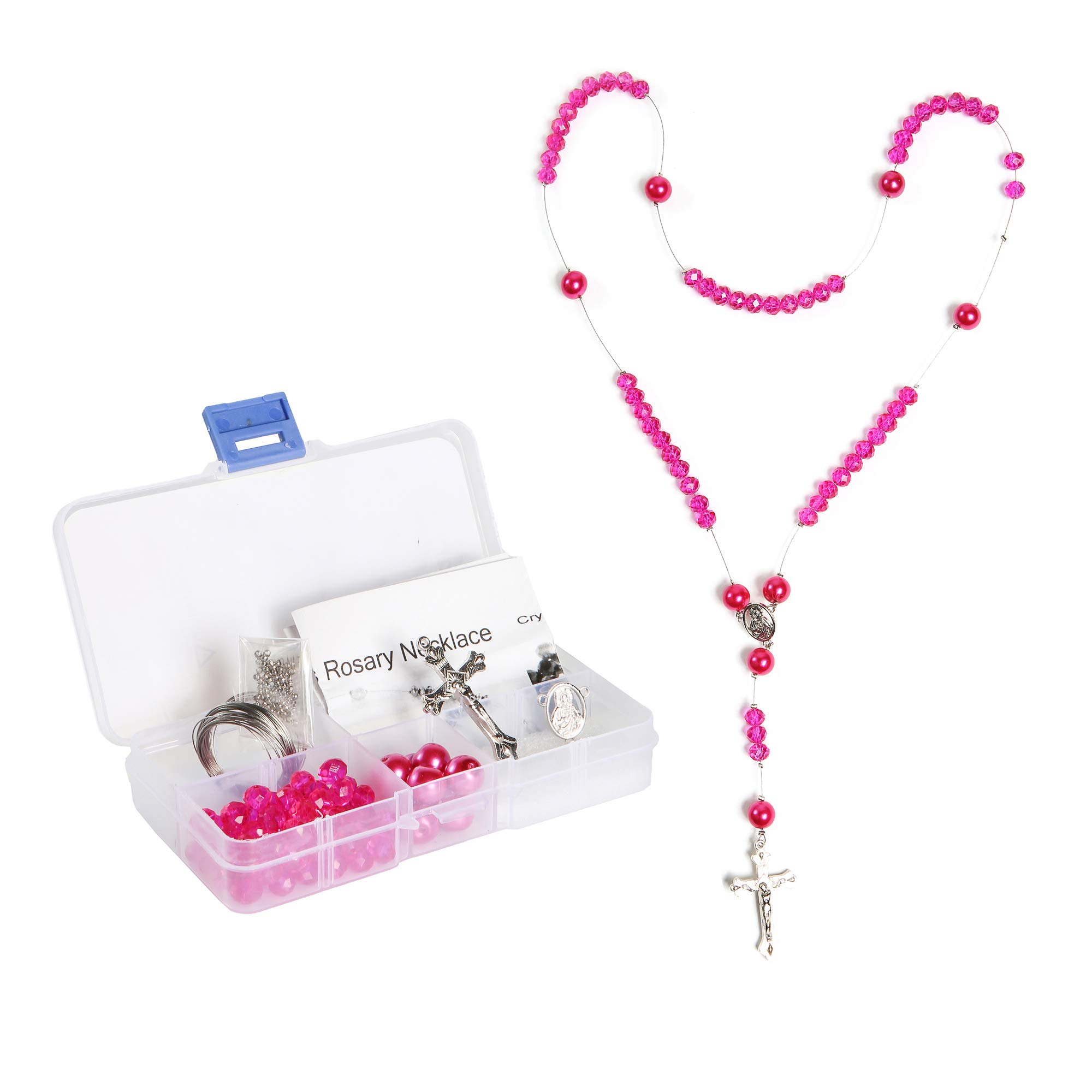 Linpeng Hot Pink Crystal Bead Box Rosary Necklace Kit - DIY Jewelry Making Supplies for Necklace Bracelet Crafting - Perfect Gift for Beaders & Jewelry Makers - Fuchsia Bead Set (1 Pack, CR-1213) - Great for Home DIY Projects, Party Favors, and Creative Gifts
