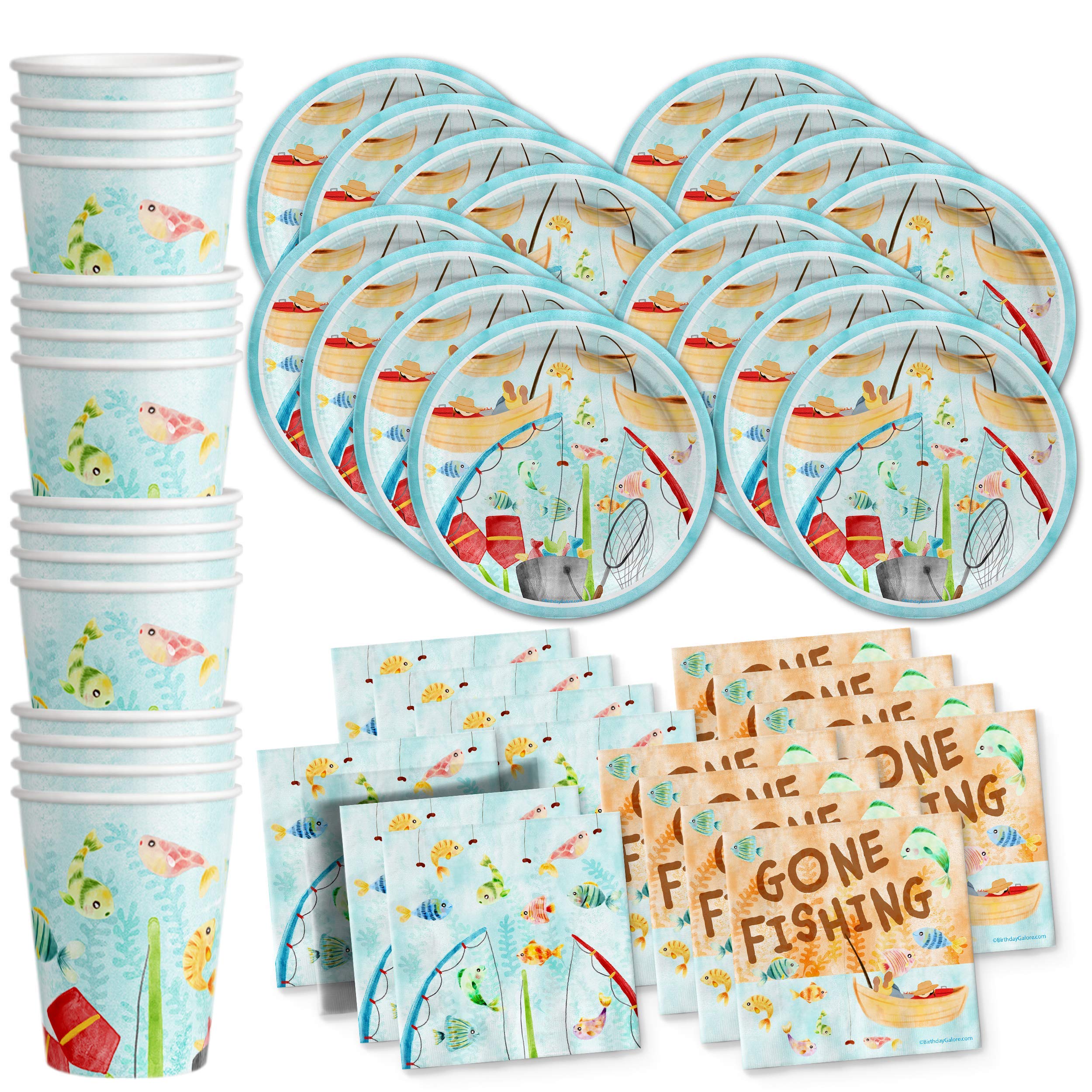 Little Fisherman Fishing Birthday Party Supplies Set - 16-Piece Tableware Kit with Plates, Napkins & Cups for Kids' Themed Parties & Outdoor Celebrations