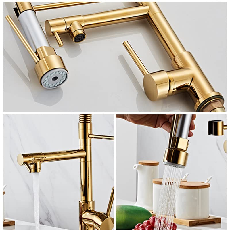 Premium Brass Mixer Tap for Kitchen Sink - Pull Out Sprayer Faucet with 2-Water Flow & 360° Rotation - Hot & Cold Water Mixer - Table Mounted Gold Finish - Ideal for Modern Kitchens, Restaurants & Food Prep Areas