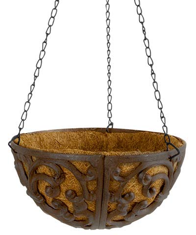 Esschert Design 10-Inch Cast Iron Hanging Baskets with Liners - Set of 4 - Rustic Outdoor Garden Planters for Flowers, Herbs, and Succulents - Perfect for Patio, Porch, and Balcony Decor