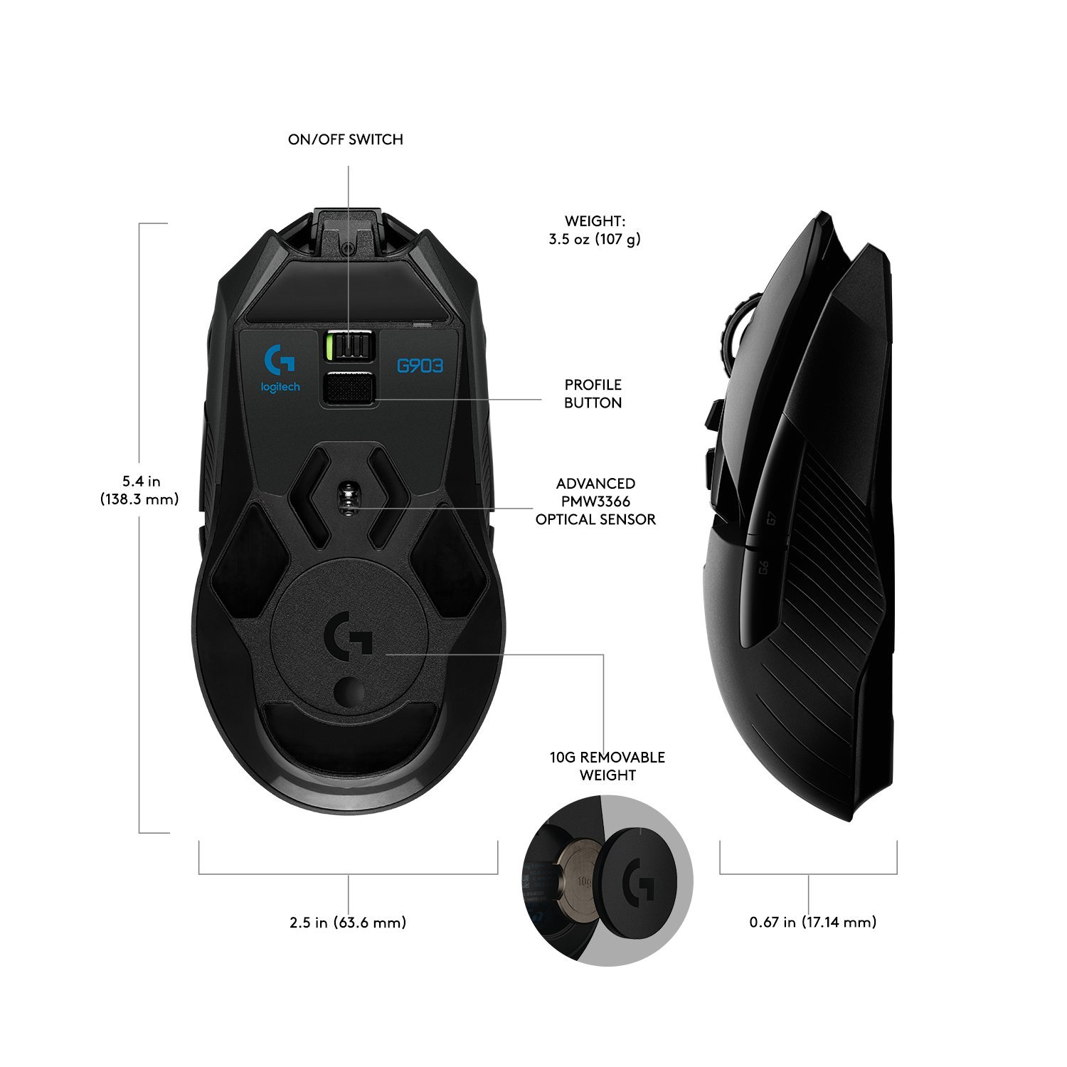 Logitech G903 LIGHTSPEED Wireless Gaming Mouse with HERO 25K Sensor, 11 Programmable Buttons & RGB Lighting - Compatible with POWERPLAY Wireless Charging - Perfect for FPS, MOBA & Esports Gaming