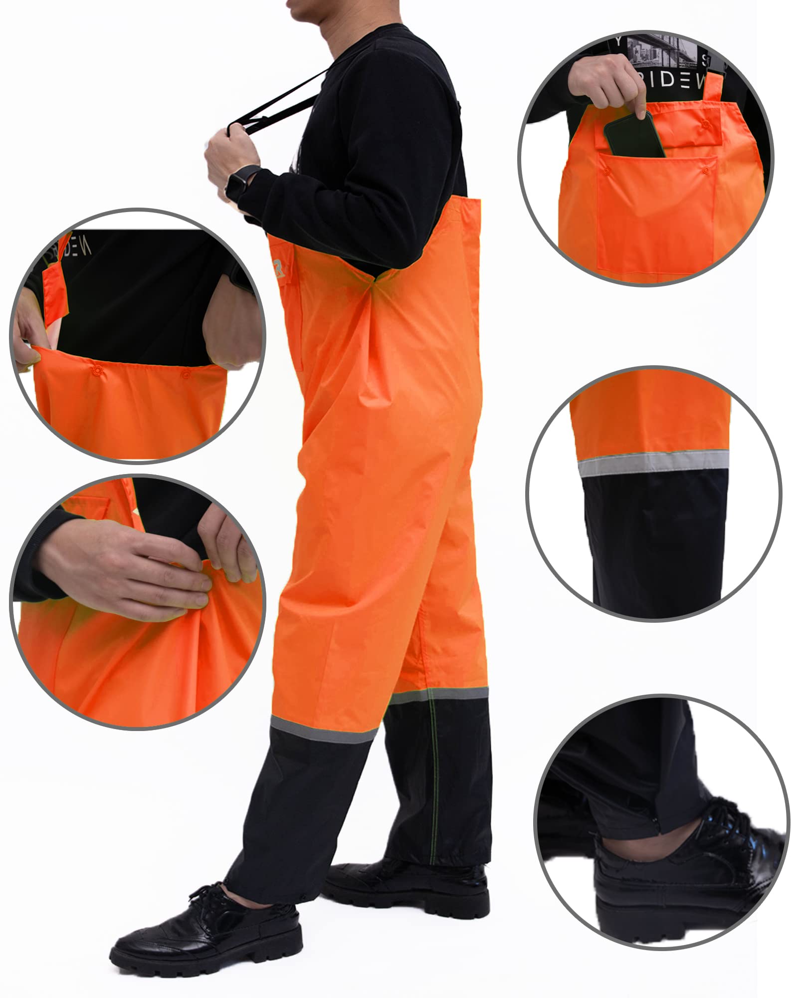 RainRider Waterproof Rain Bib Pants for Men & Women - 150D Oxford Rip-Stop Work Overalls | Heavy Duty Safety Trousers for Outdoor Work, Fishing, Hiking & Rainy Day Activities