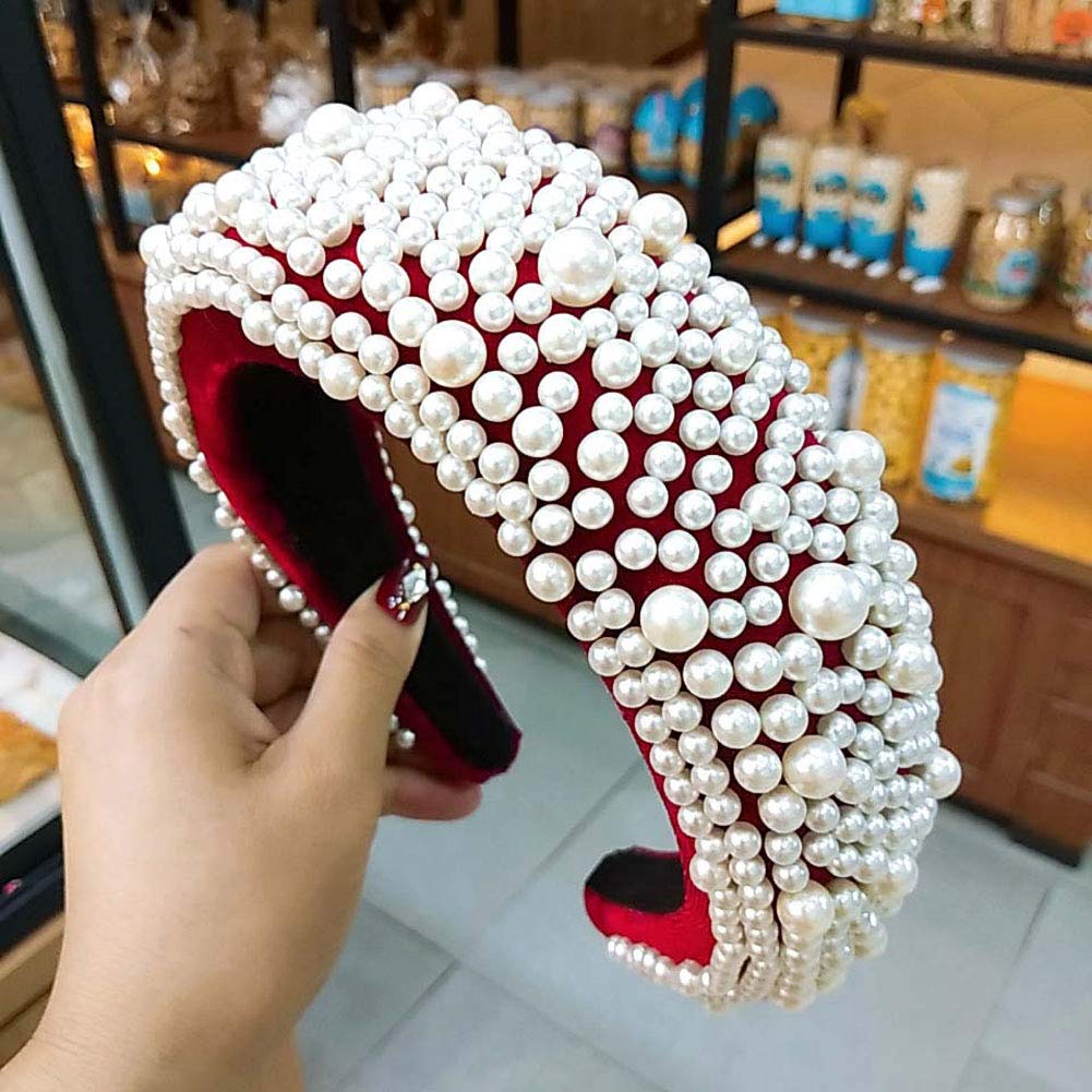 Women's Fashion Velvet Padded Headband with Pearl Embellishments - Vintage Boho Wide Hairband for Women & Girls (Red) | Perfect for Weddings, Parties & Everyday Style