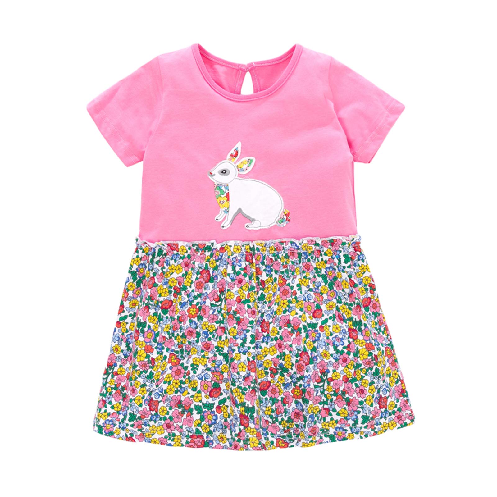 Kishawna Girls' Cartoon Bunny Flower Print Short Sleeve Round Neck Dress - Cute Birthday Party Outfit & Summer Vacation Dress for Toddler Girls (Ages 2-6) | Perfect for Easter, Playdates & Family Photos