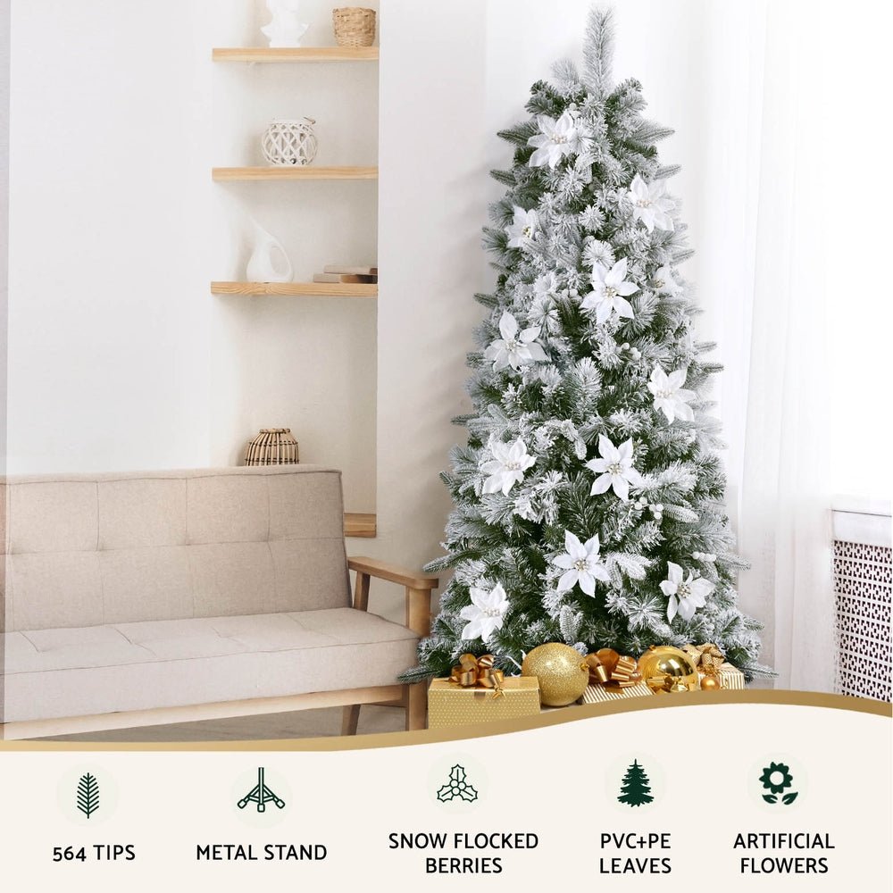 1.8m Snow Flocked Christmas Tree with 564 Tips & Flower Decorations - Perfect for Holiday Home Decor, Office, and Party Celebrations