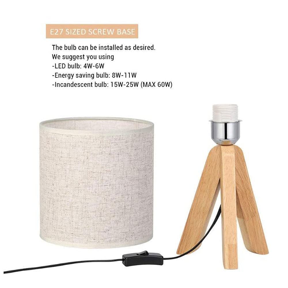 American Style Wooden Tripod Bedside Table Lamp with Gray Fabric Linen Shade - Plug-in Button Switch, 13.4 Inch Height - Perfect for Bedroom, Living Room, Office & Home Decor | Nightstand Lighting, Reading Lamp, Cozy Ambience