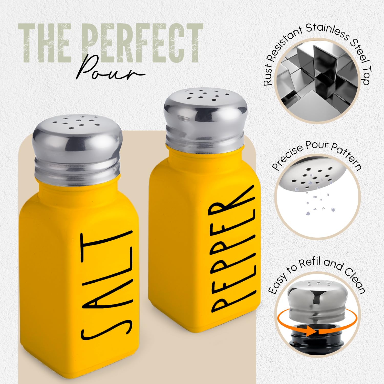 Brighter Barns Yellow Salt and Pepper Shakers Set - Glass Farmhouse Kitchen Decor with Stainless Steel Lids - Perfect for Home, Restaurants & Wedding Gifts - Cute Tabletop Accessories for Dining, Cooking and Entertaining