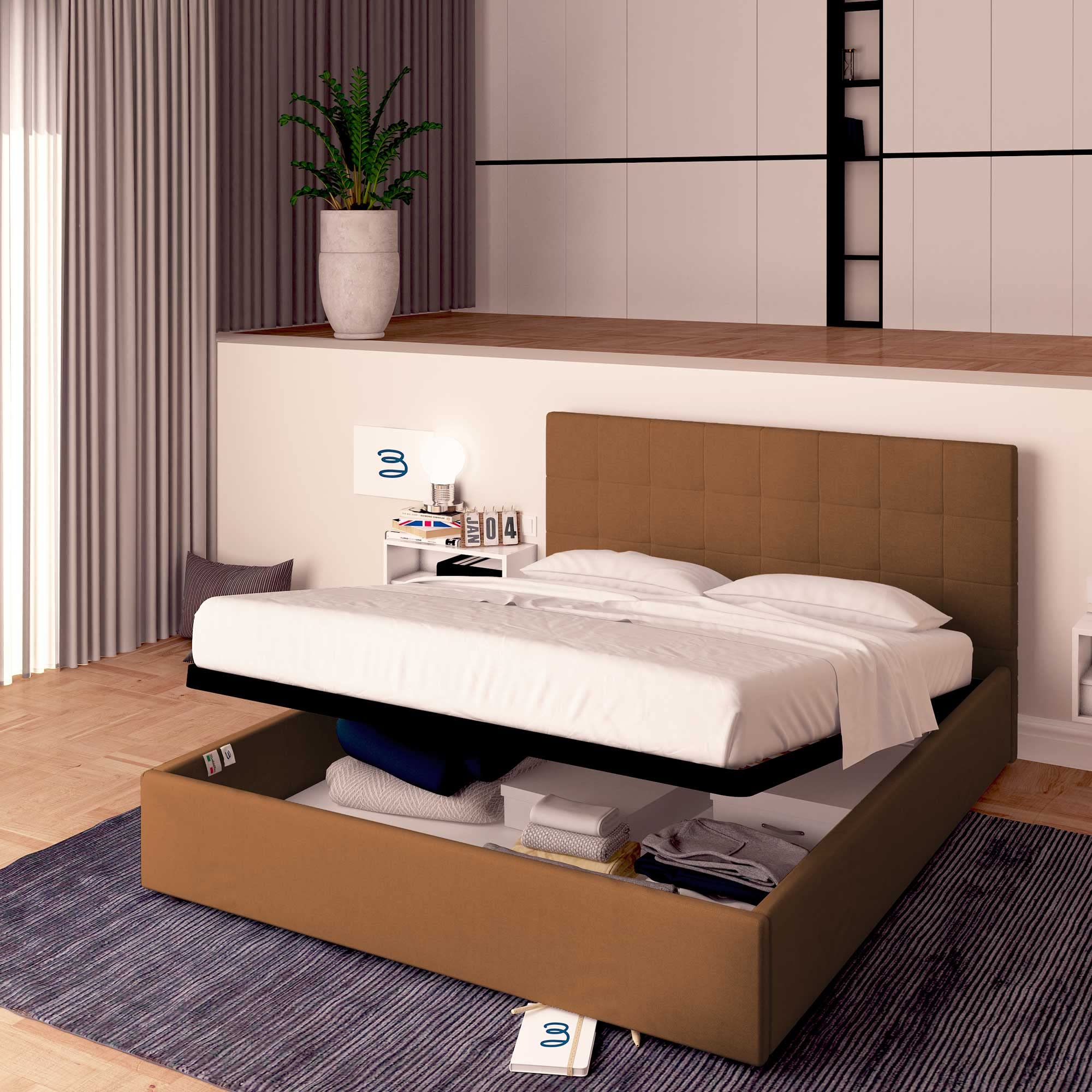 Baldiflex Single Bed with Storage - Synthetic Leather Dublin Model, Slatted Base for Single Mattress, 160 x 200 cm, Elegant Headboard, Coffee Color - Perfect for Small Bedrooms, Guest Rooms & Studio Apartments