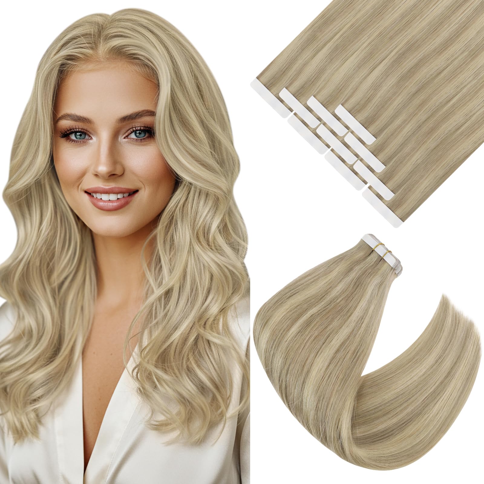Ve Sunny Tape-in Hair Extensions - 10pcs 16inch Human Hair Highlights (Light Blonde & Golden Blonde Mix) Heat-Friendly & Invisible Tape | Perfect for Volume Boost, Styling & Special Occasions
