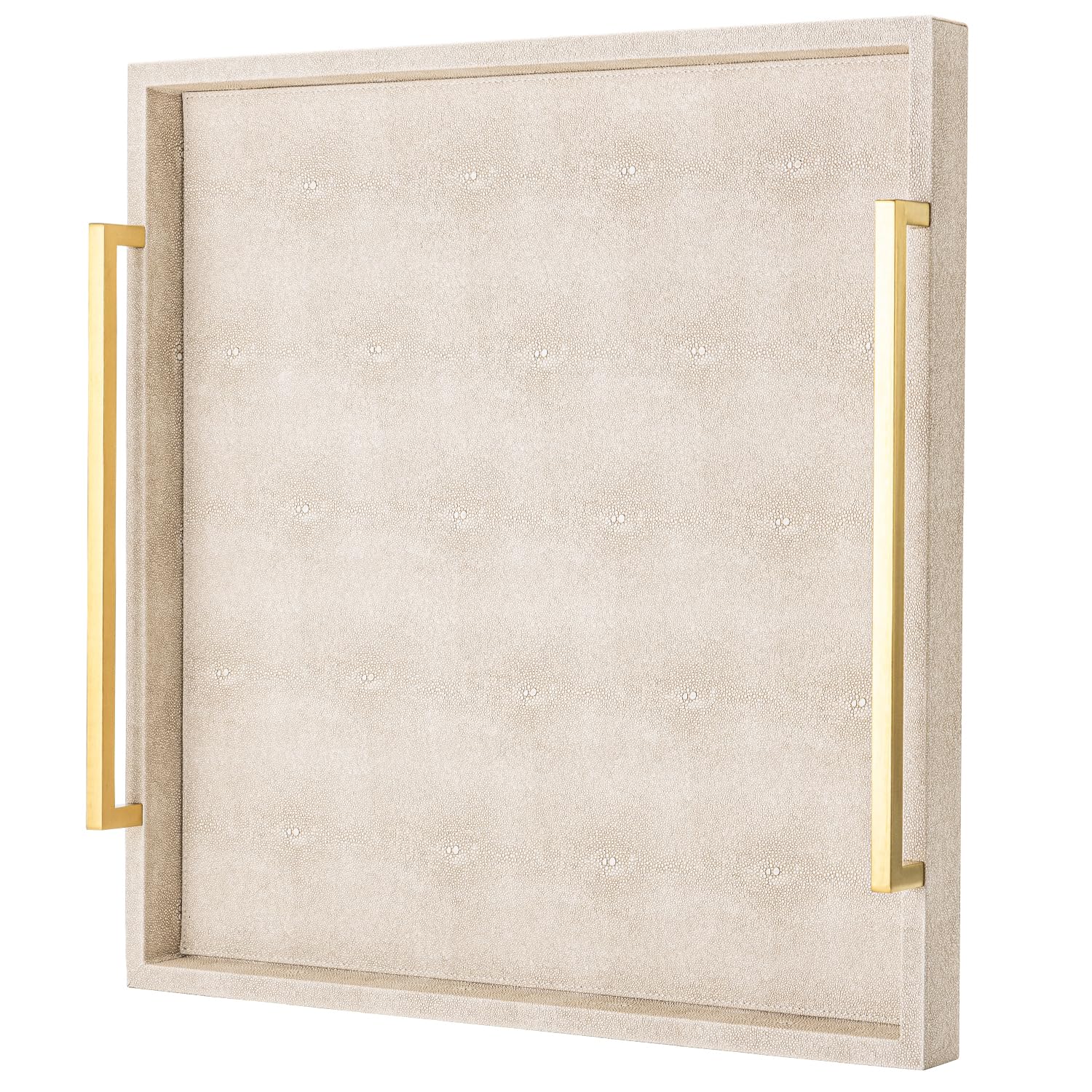 Large Square Shagreen Leather Ottoman Tray with Gold Handles - Decorative Coffee Table Tray for Living Room, Bedroom & Office Organization | Perfect for Serving, Display & Home Decor