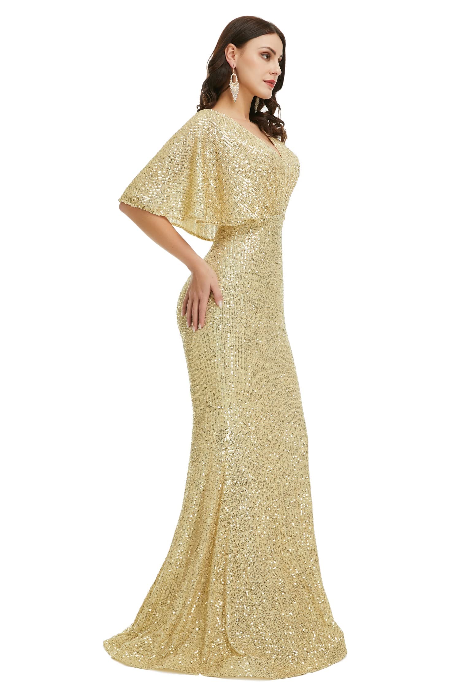Sparkling Engerla Short Sleeve Sequin Mermaid V-Neck Party Dress - Elegant Formal Prom Gown, Wedding Bride & Bridesmaid Dresses for Evening Events, Cocktail Parties & Special Occasions
