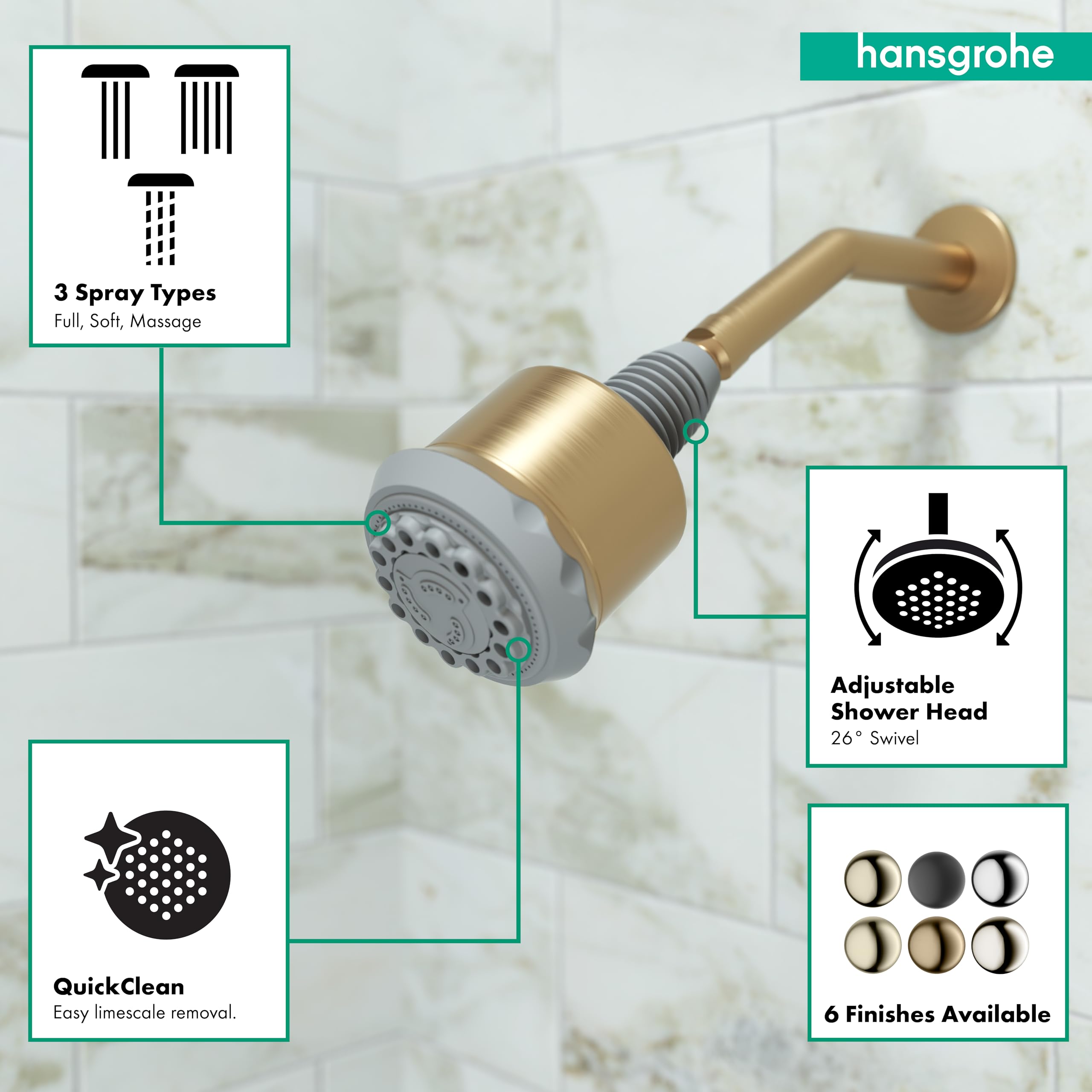 Hansgrohe Clubmaster 4-Inch Easy Clean Shower Head with 3 Spray Modes - Pulsating Massage & Soft Spray - Brushed Bronze Finish (Model 28496141) - Perfect for Modern Bathrooms & Spa-Like Shower Experience