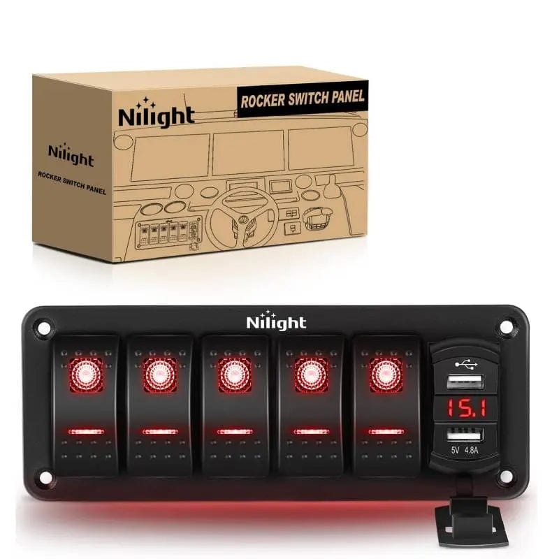 5 Gang Aluminum 5 Pin ON/Off Red Rocker Switch Panel with 4.8 Amp Dual USB Charger & Voltmeter - Perfect for Marine, RV, Truck, and Boat Electrical Systems