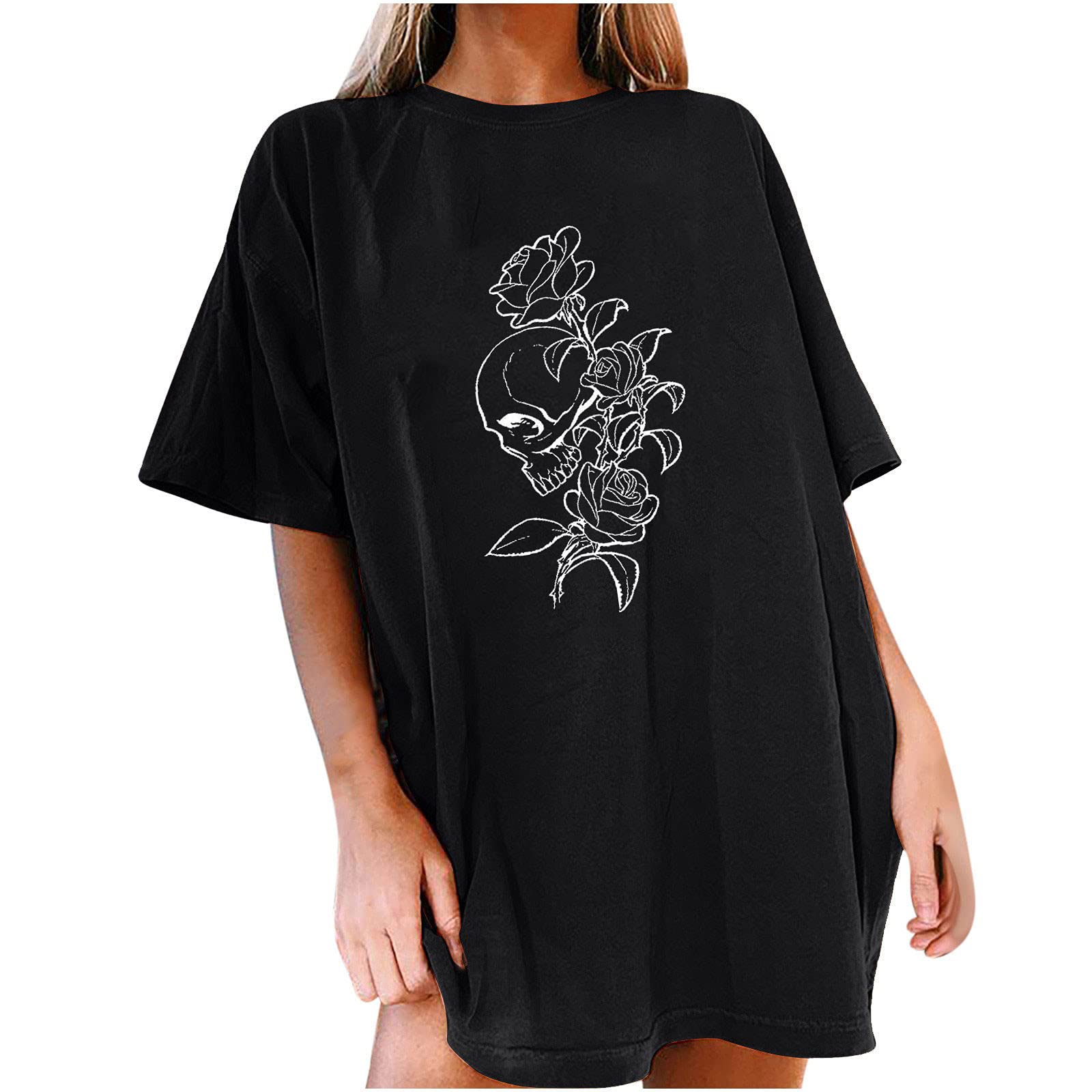 Vintage Women's Halloween Printed Short Sleeve T-Shirt - Drop Sleeve Round Neck Loose Fit Casual Top for Costume Parties, Trick or Treating & Everyday Wear