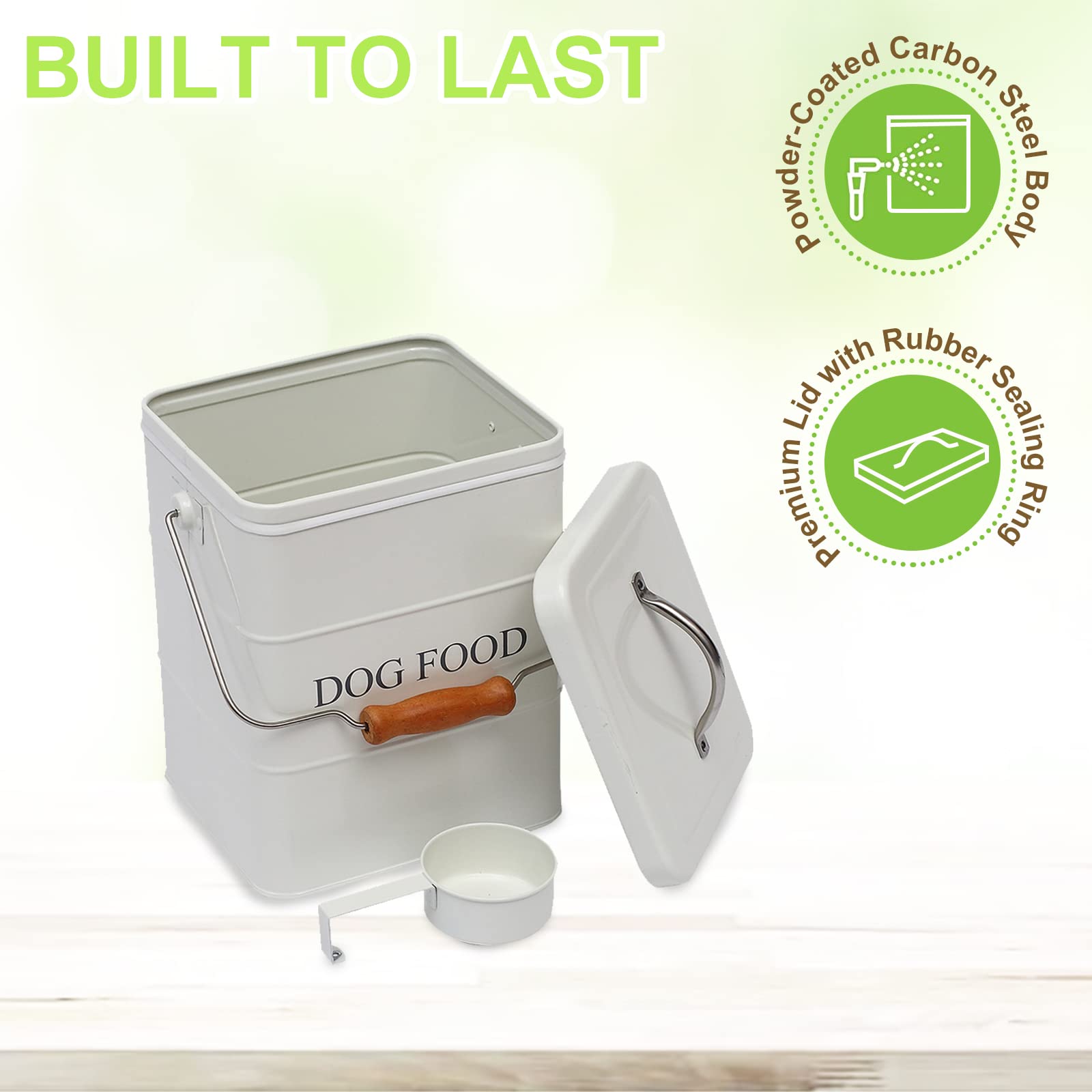 Airtight Metal Dog Food Storage Container with Wooden Handle & Scoop - Holds 5-6 lbs of Kibble, Treats & Biscuits - Perfect for Kitchen Pantry Organization & Pet Food Freshness - White