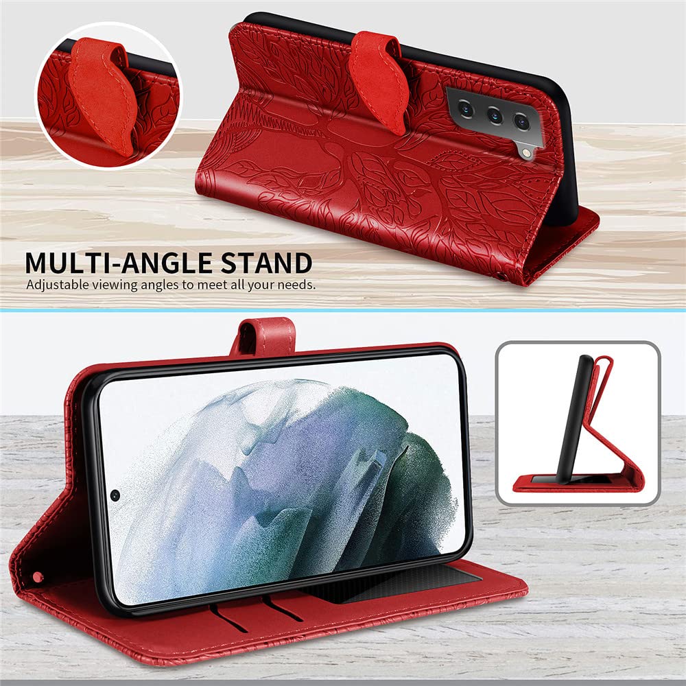 Premium PU Leather Samsung Galaxy S22 Case with Kickstand & Card Slots - Embossed Tree Design, Wrist Strap Included - 6.1 inch Protective Wallet Cover for Samsung S22 (Red) - Perfect for Work, Travel & Everyday Use