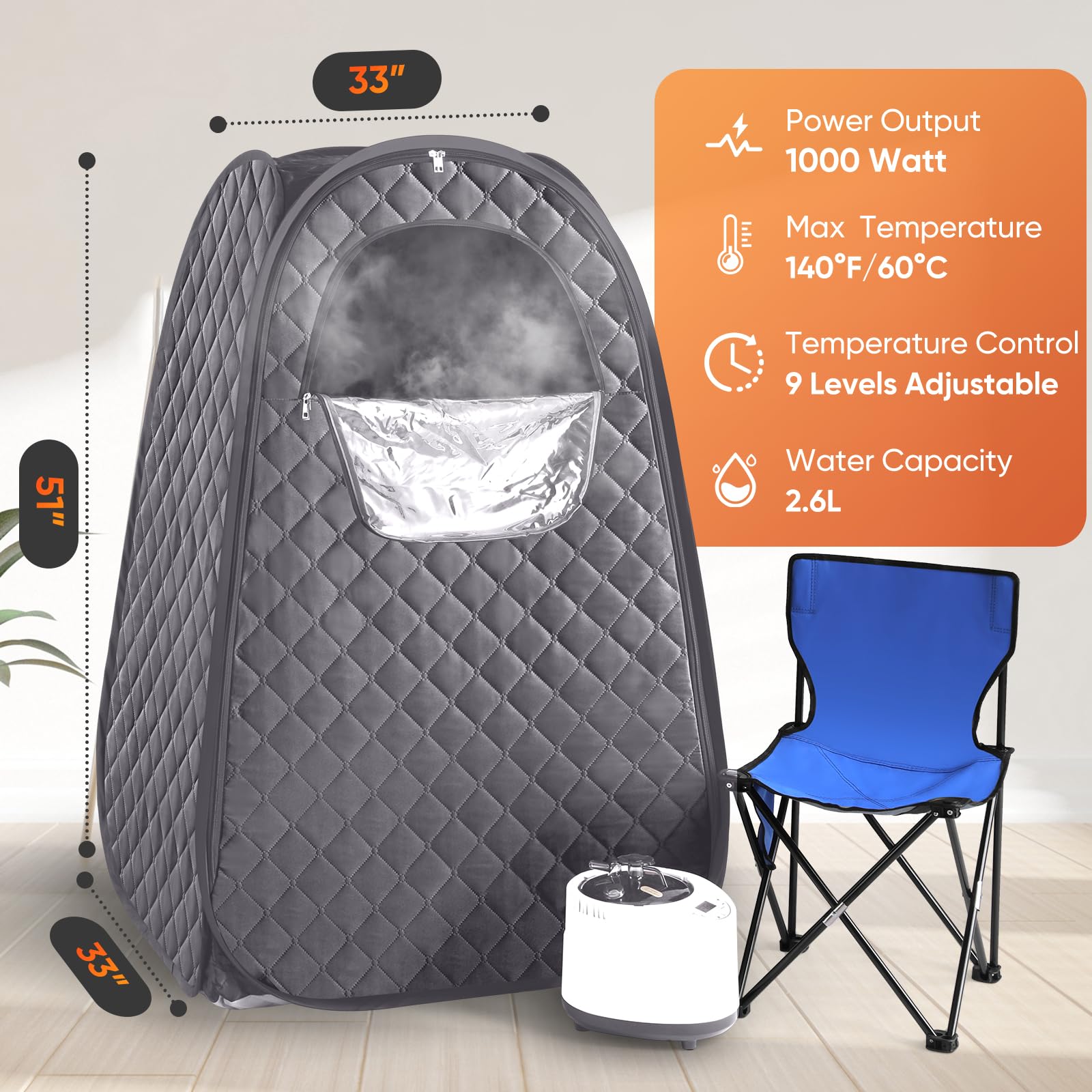 Portable Steam Sauna Tent for Home - 2.6L 1000W Full Body Sauna Box with Steamer, 90 Minute Timer, Chair & Remote Control - Extra Large Personal Sauna for Relaxation, Detox & Weight Loss (Grey)