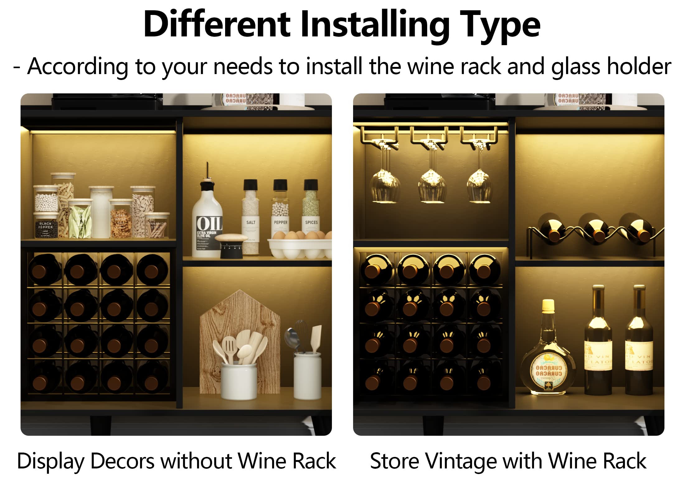 Modern Wine Bar Cabinet with LED Lighting - Freestanding Kitchen Buffet Sideboard with Wine Rack & Glass Storage - Elegant Home Coffee Station & Liquor Cabinet for Living Room, Dining Room (Black) - Perfect for Entertaining Guests & Stylish Home Decor