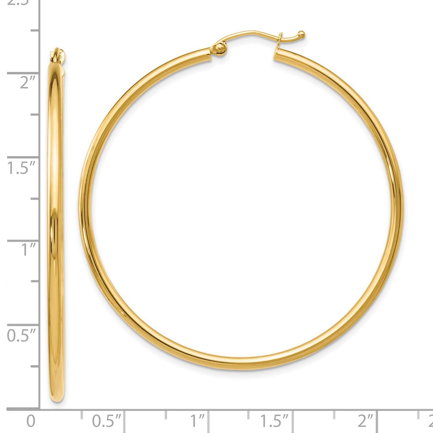 14K Yellow Gold 2mm Hoop Earrings for Women - 51x49mm Polished Round Huggie Earrings - Perfect for Everyday Wear, Parties & Gifts