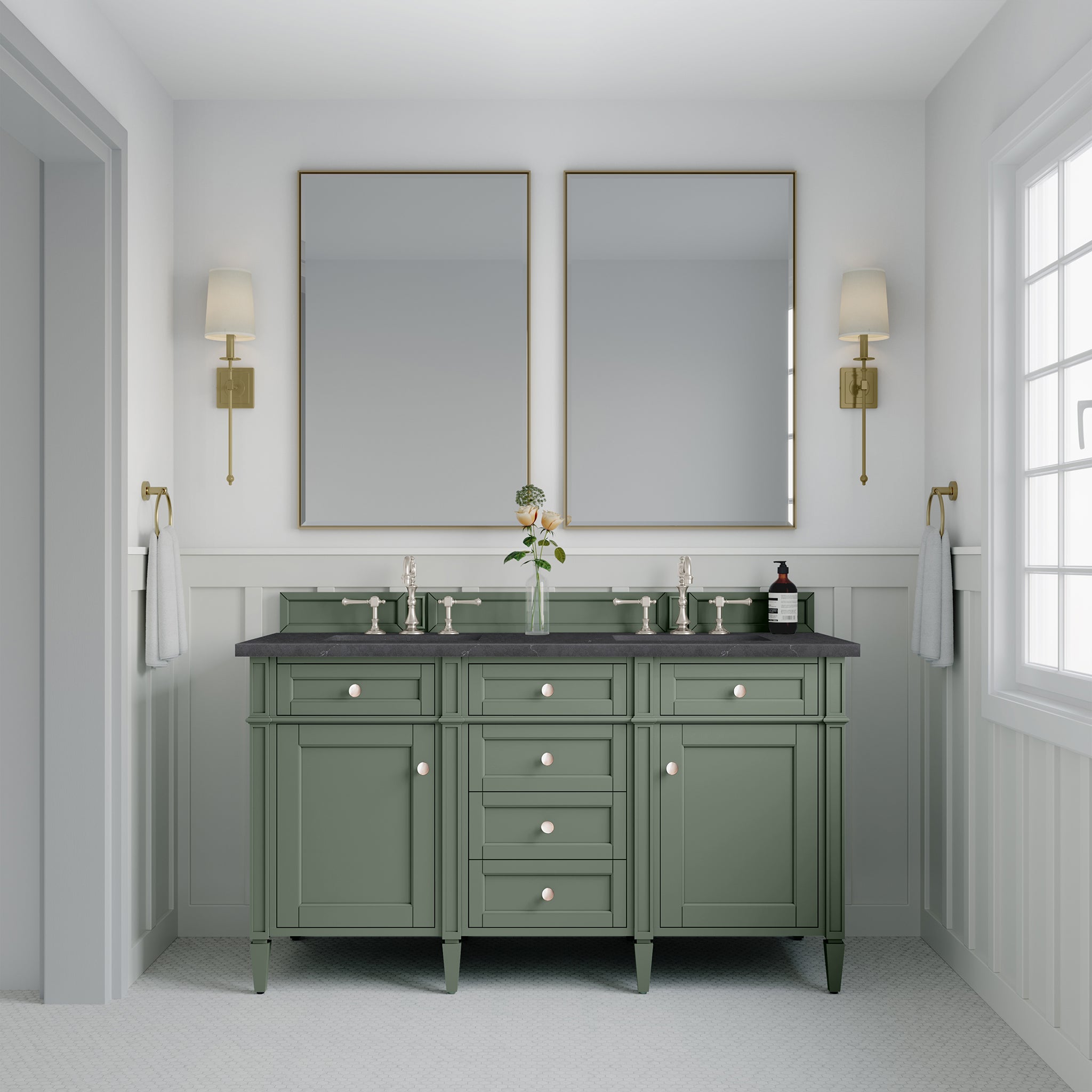 Brittany 60-Inch Double Vanity with Smokey Celadon Finish & 3CM Charcoal Soapstone Top - Perfect for Master Bathroom Renovation and Modern Home Decor